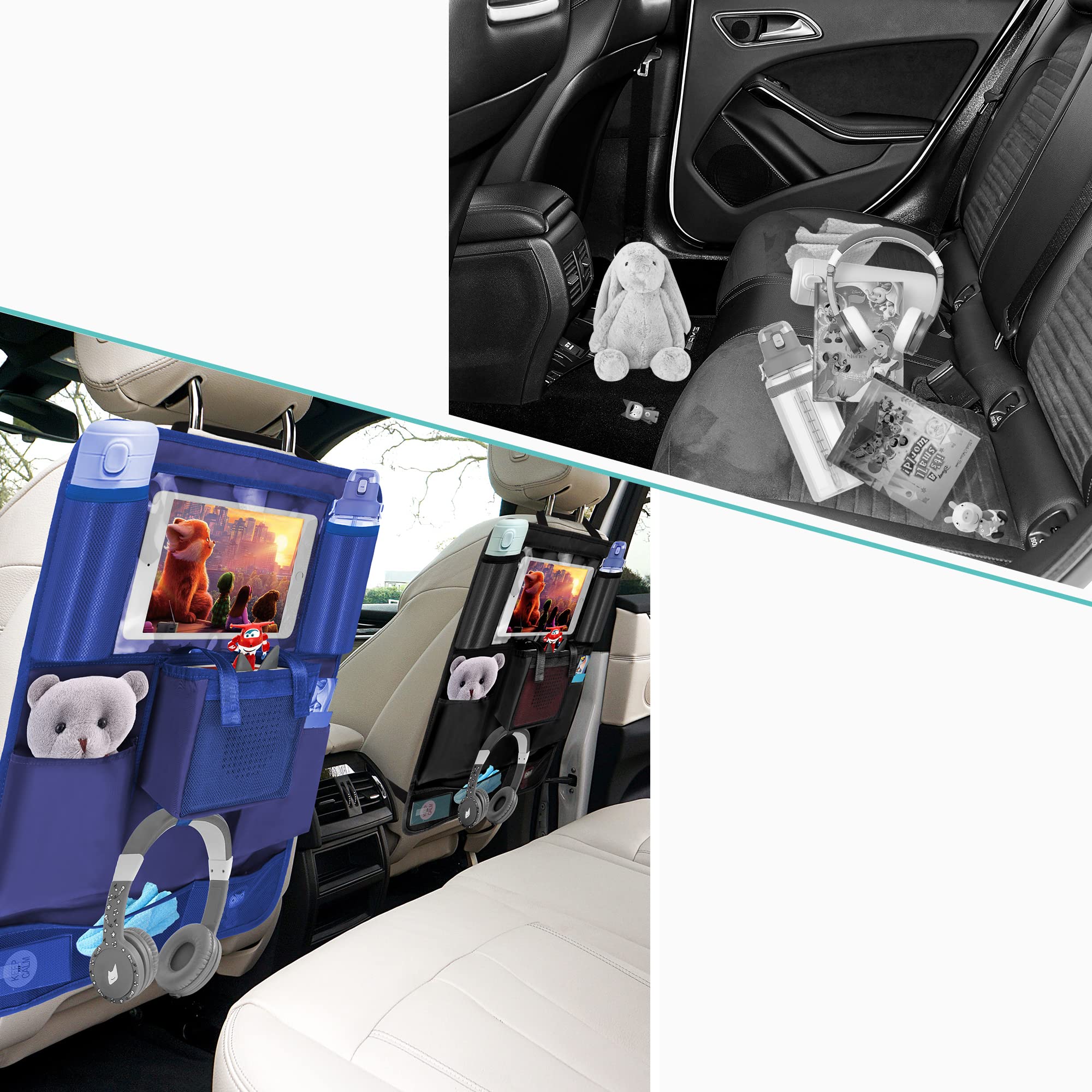 Organizador Asiento Coche Niños para Toniebox Kit, Múltiples Bolsillos para Botella Agua, Tentempiés y Accesorios de Viaje, Gancho para Auriculares y Soporte para Tableta de 10", Pack de Azul y Rosa