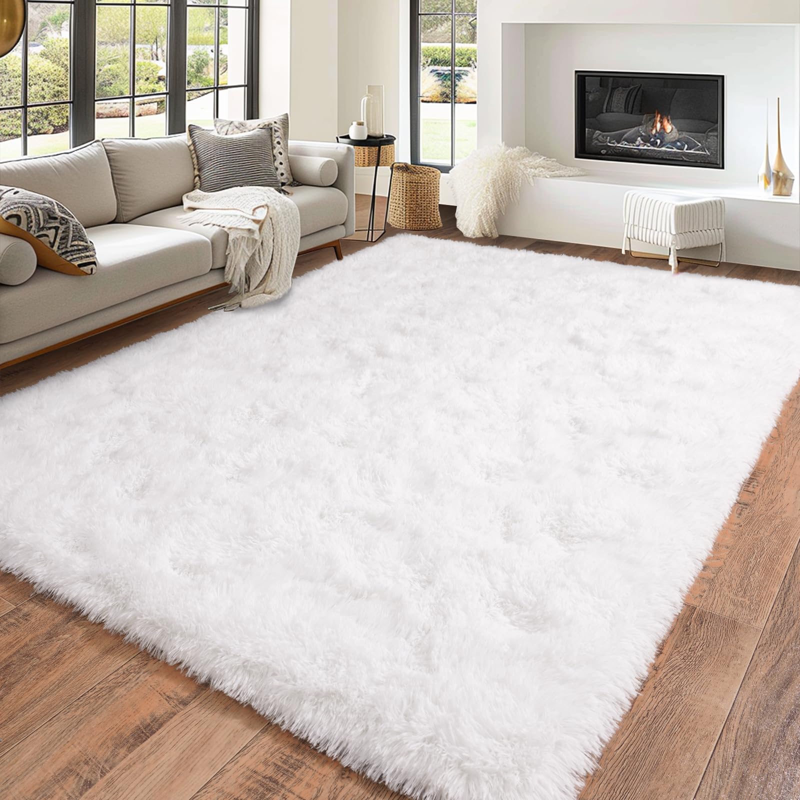 super fluffy area rug for bedroom, modern shag white area rugs, soft plush small carpet for kids,girls boys and teens decorations for living room dorm nursery classroom, 5x7 feet