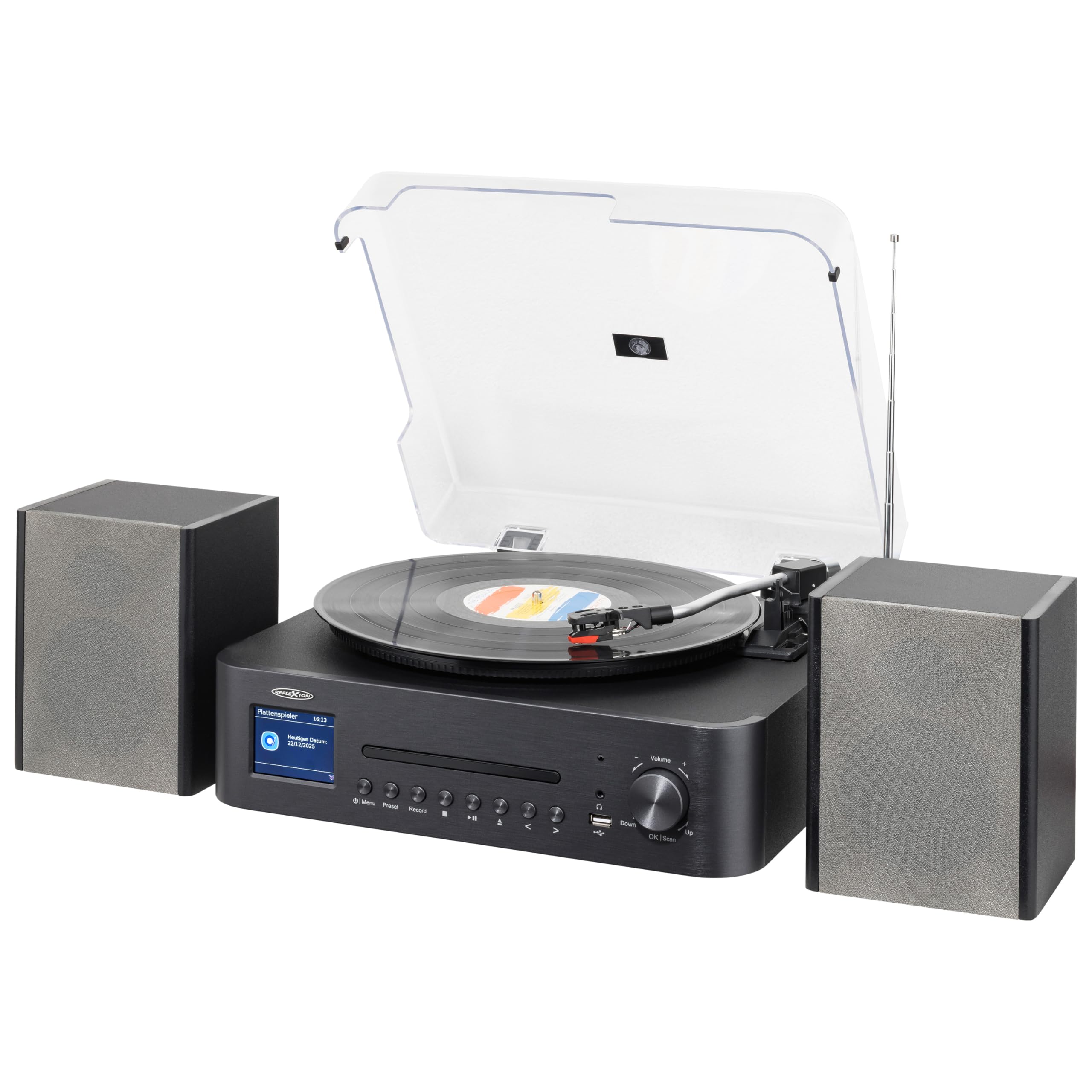 Reflexion Giradischi con altoparlante e WiFi, impianto HiFi retrò con DAB+, radio Internet, Bluetooth, CD, registrazione USB MP3, display a colori, sveglia e timer di sospensione, sistema completo con