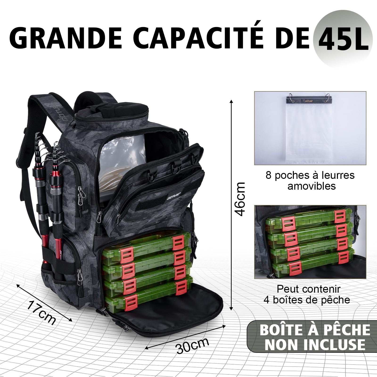 Goture Sac de pêche 45 L Oxford 900D imperméable bandoulière randonnée