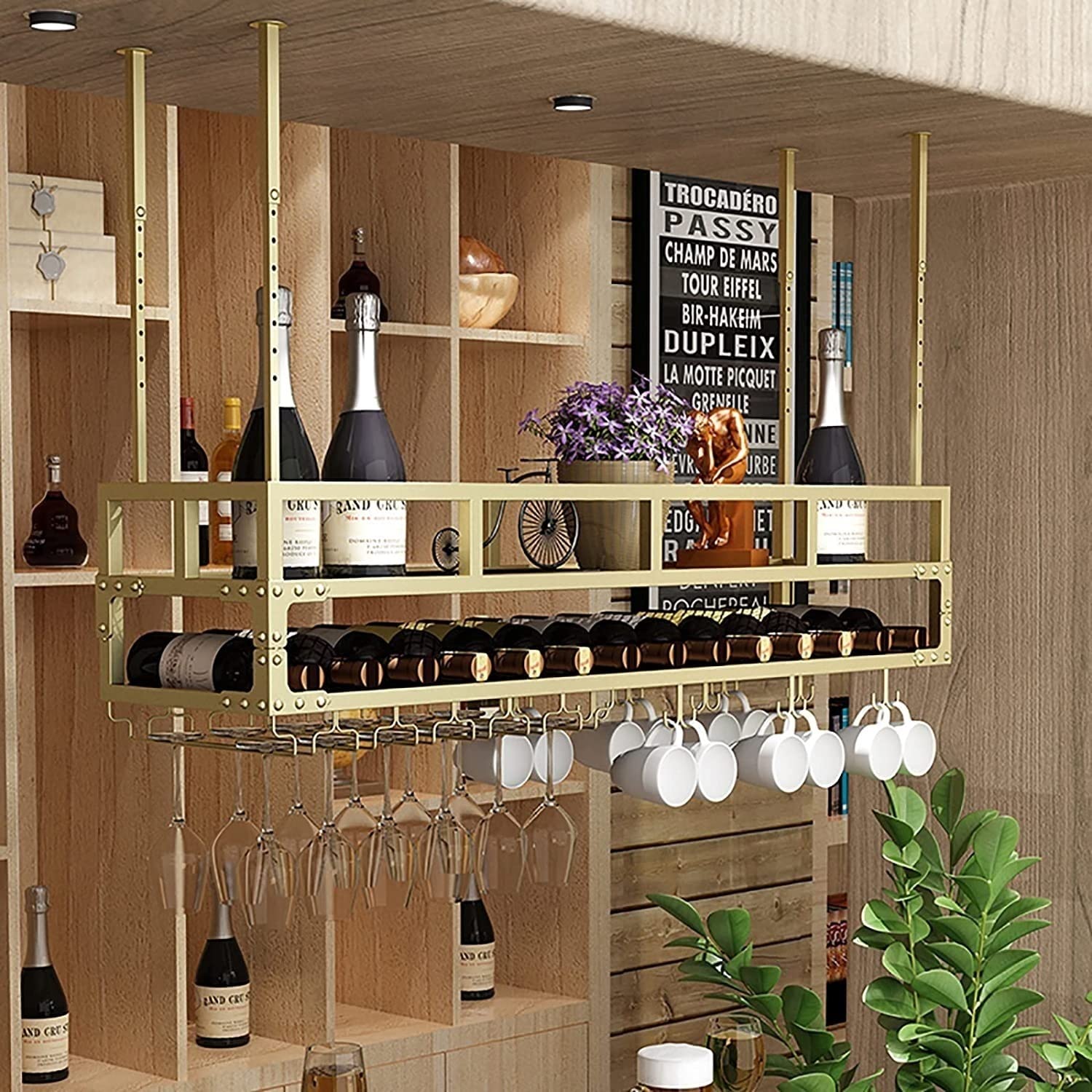 Support de bouteille de vin suspendu industriel et porte-plante de plafond noir