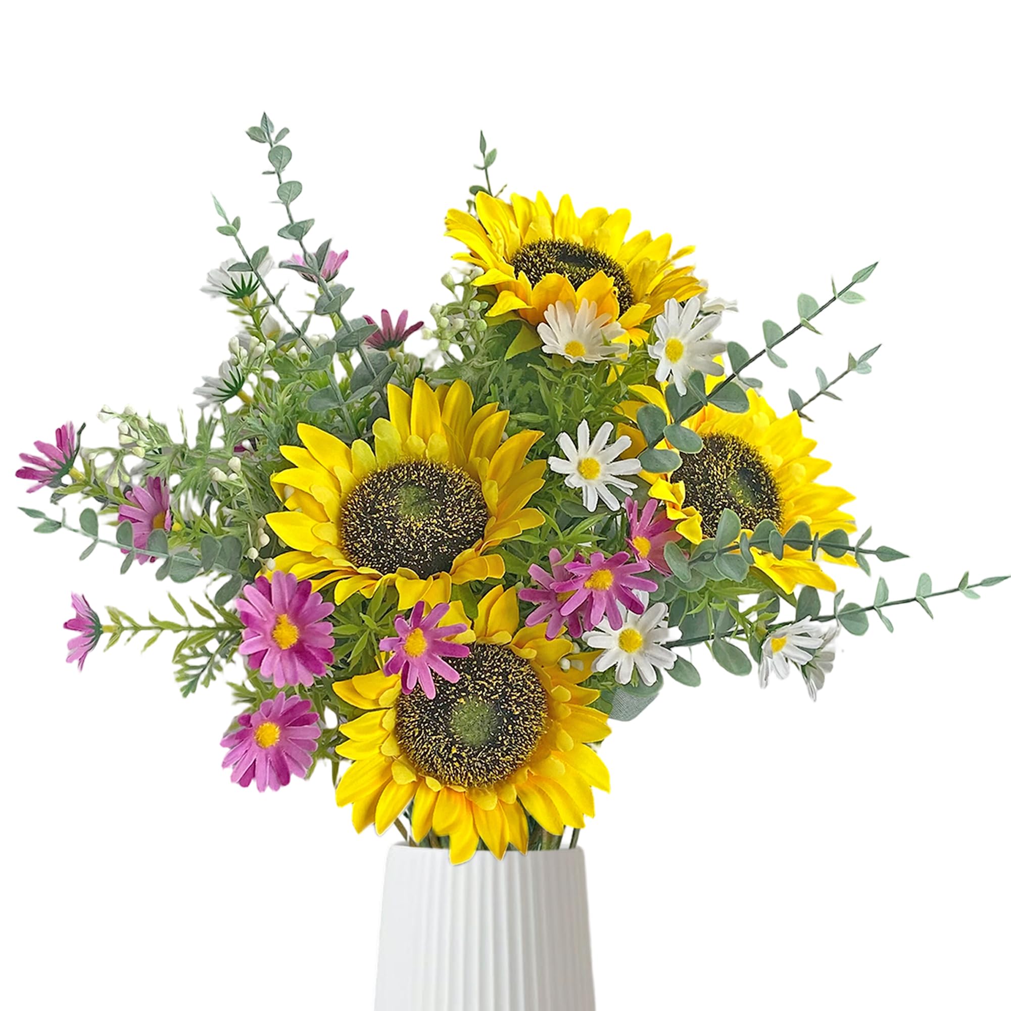 14 Bunches Artificial Sunflowers Silk Fake Flowers Bouquet Faux White Daisy Eucalyptus Stems Sunflower Small Artificial Wild Flora Arrangement Wedding Party Gift Table Centerpieces Home Office Decor — image 1