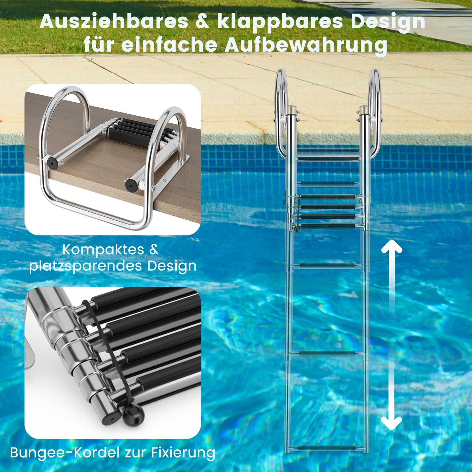 COSTWAY Poolleiter mit 4 Stufen, klappbare Teleskop-Badeleiter mit Handlauf & rutschfesten Stufen, Edelstahl Bootleiter, Schwimmbadleiter bis 227 kg belastbar