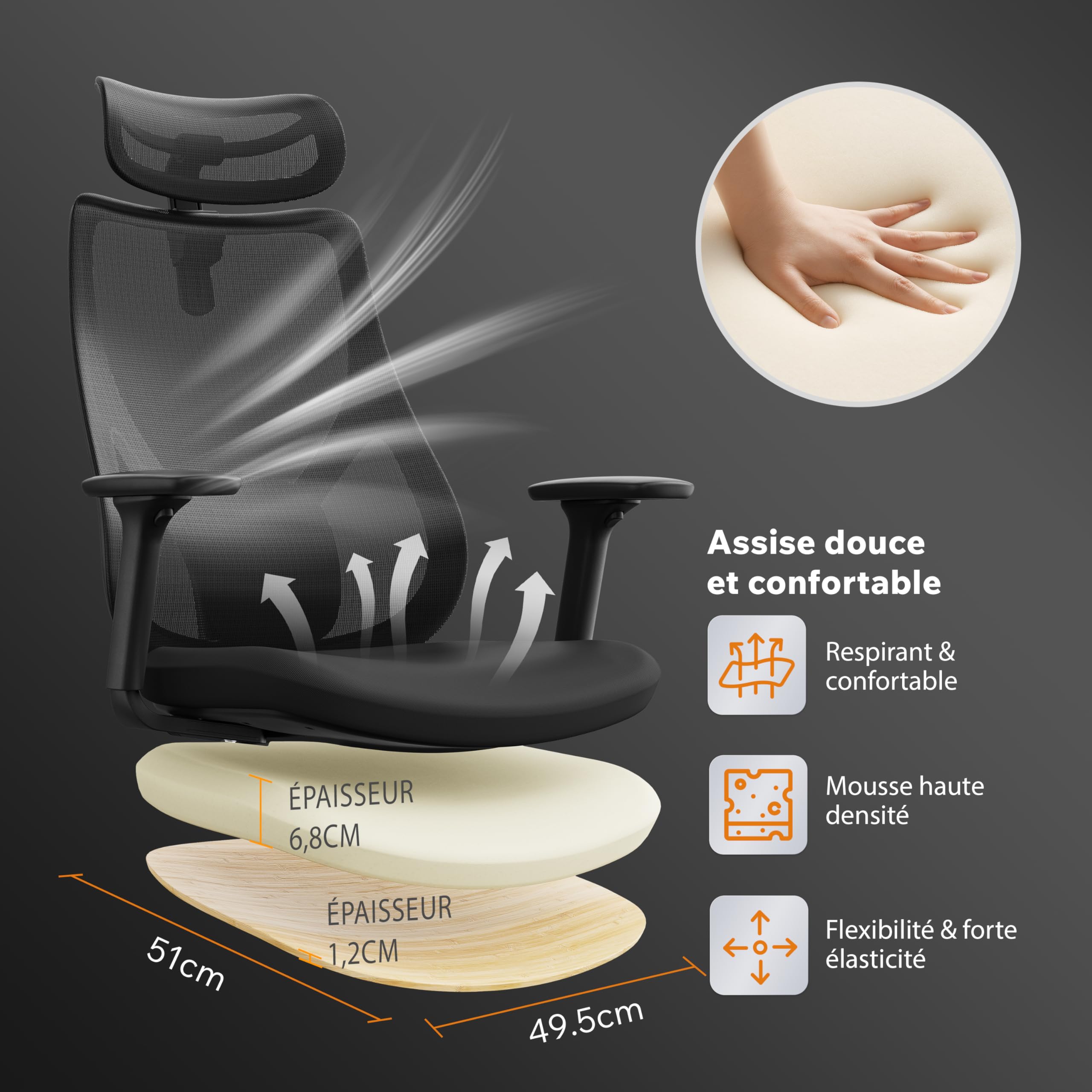 SENSE7 Chaise Ergonomique de Bureau Fauteuil 150kg Maille Respirante Noir