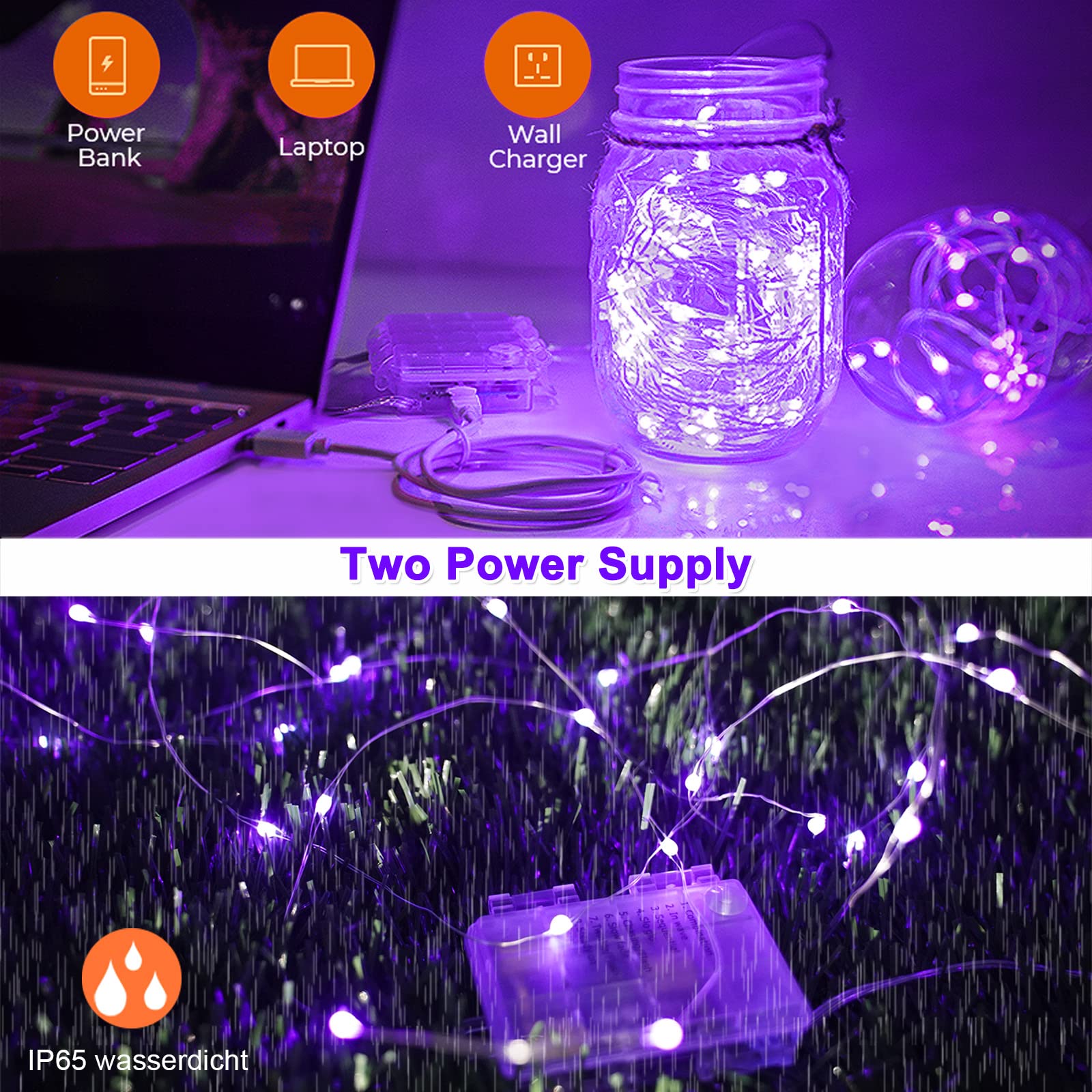 OMIKA Luces LED negras UV que funcionan con pilas, 5 m, 50 unidades, 2835 LED, 8 modos, luz negra flexible, cadena de luces con control remoto para fiesta fluorescente, pintura corporal, decoración de