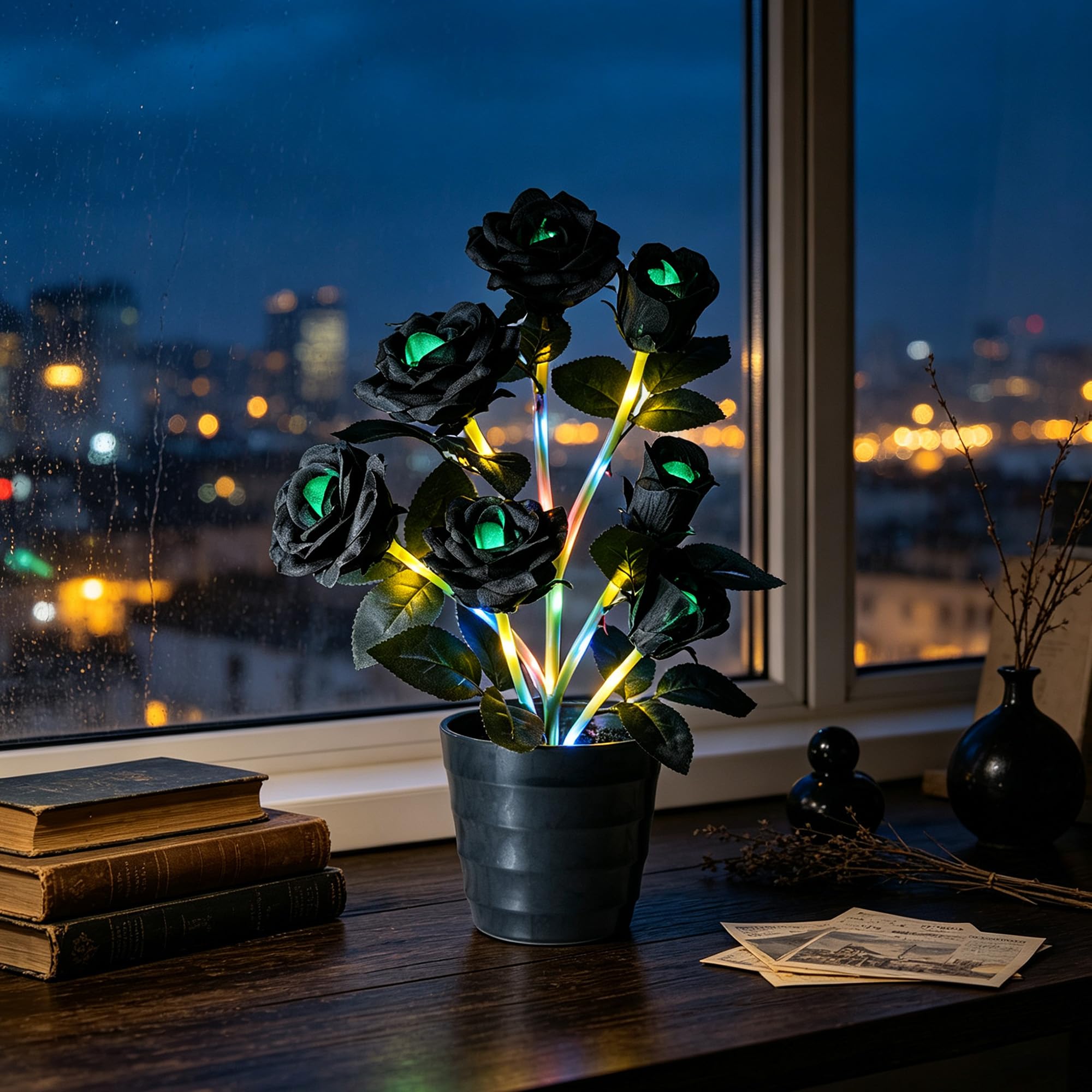 Gothic Black Rose LED Flower Lamp Artificial Rose Night Light Bedroom Decor