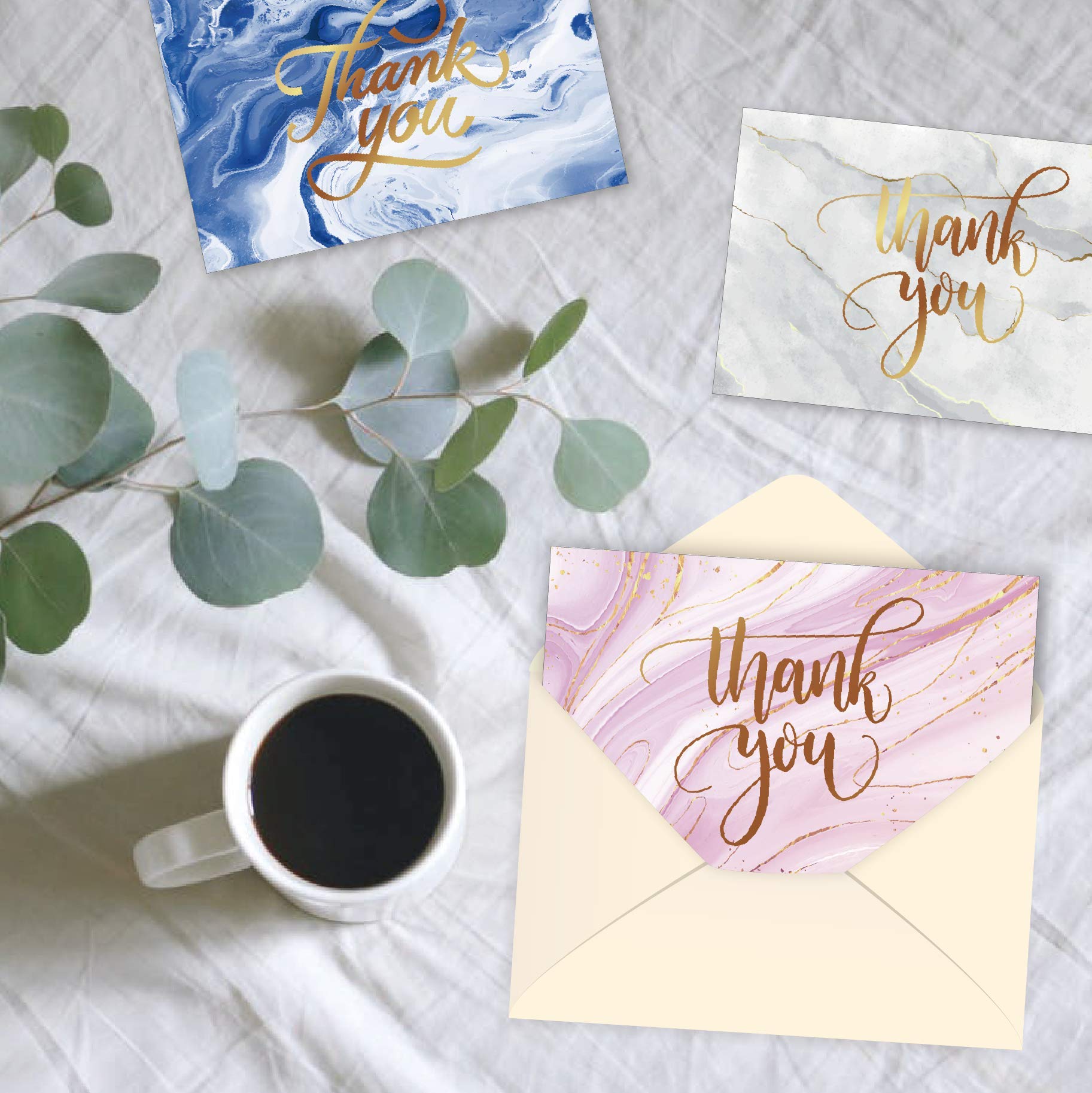 Tarjetas de agradecimiento – Paquete de 48 tarjetas de agradecimiento con sobres, tarjetas de agradecimiento a granel, 6 diseños surtidos con blanco en el interior, sobres incluidos, 10,2 x 15,2 cm