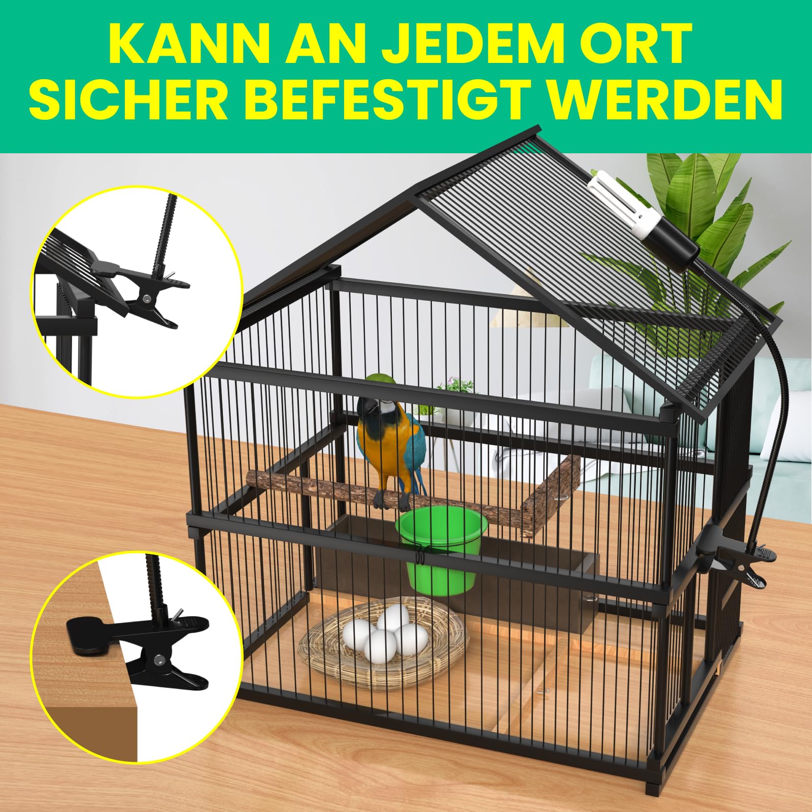 GlowUp UVB 2.4 Vogellampe mit Zeitschaltuhr, Klemmlampe mit 20W UVB 2.4 Glühbirne E27 UVB Licht Kombi Set für Vogel mit Timer