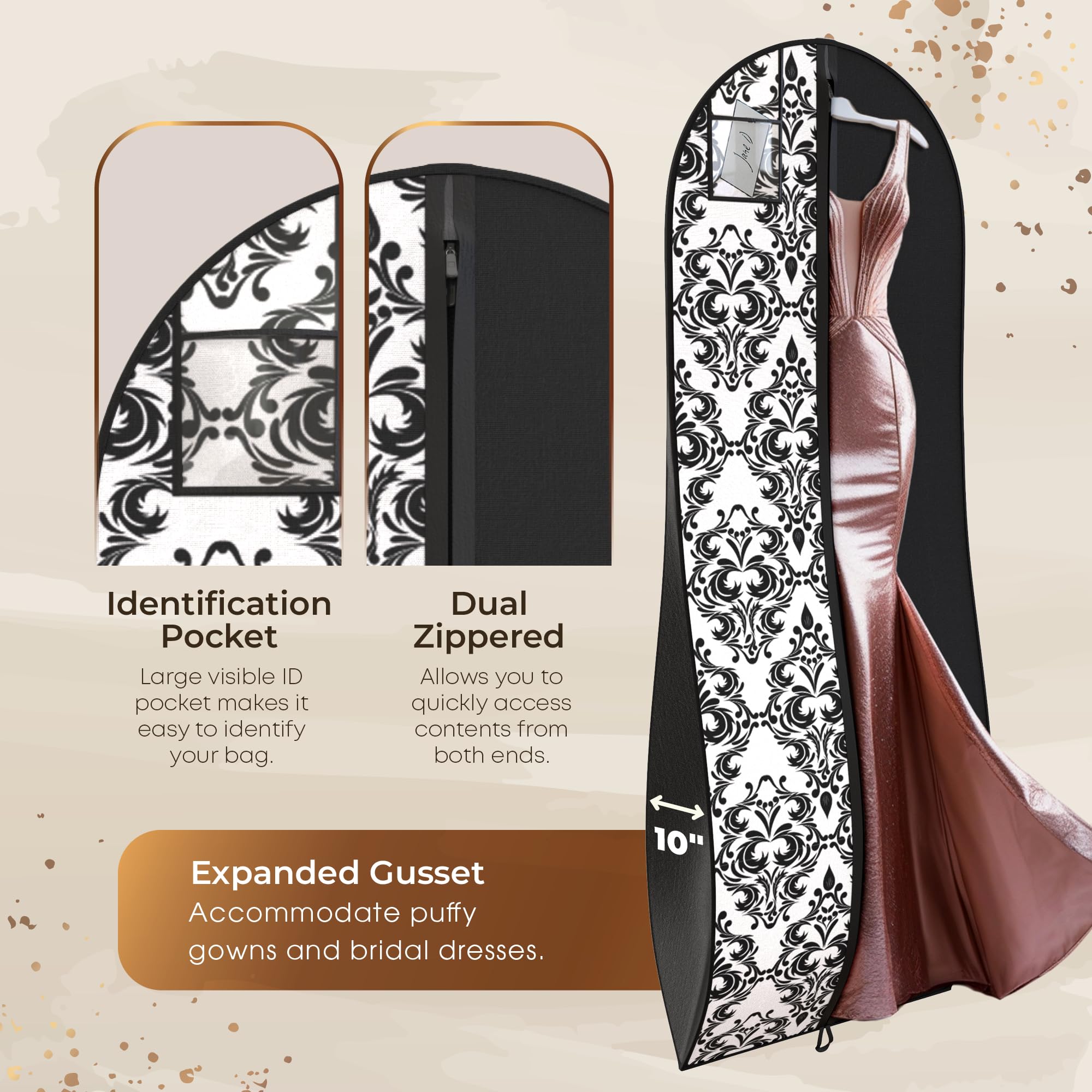 Your Bags Women's Dress and Gown Garment Bag -72”x24” and 10” Tapered Gusset Prom Bags (Black and White Demask) : Clothing, Shoes & Jewelry