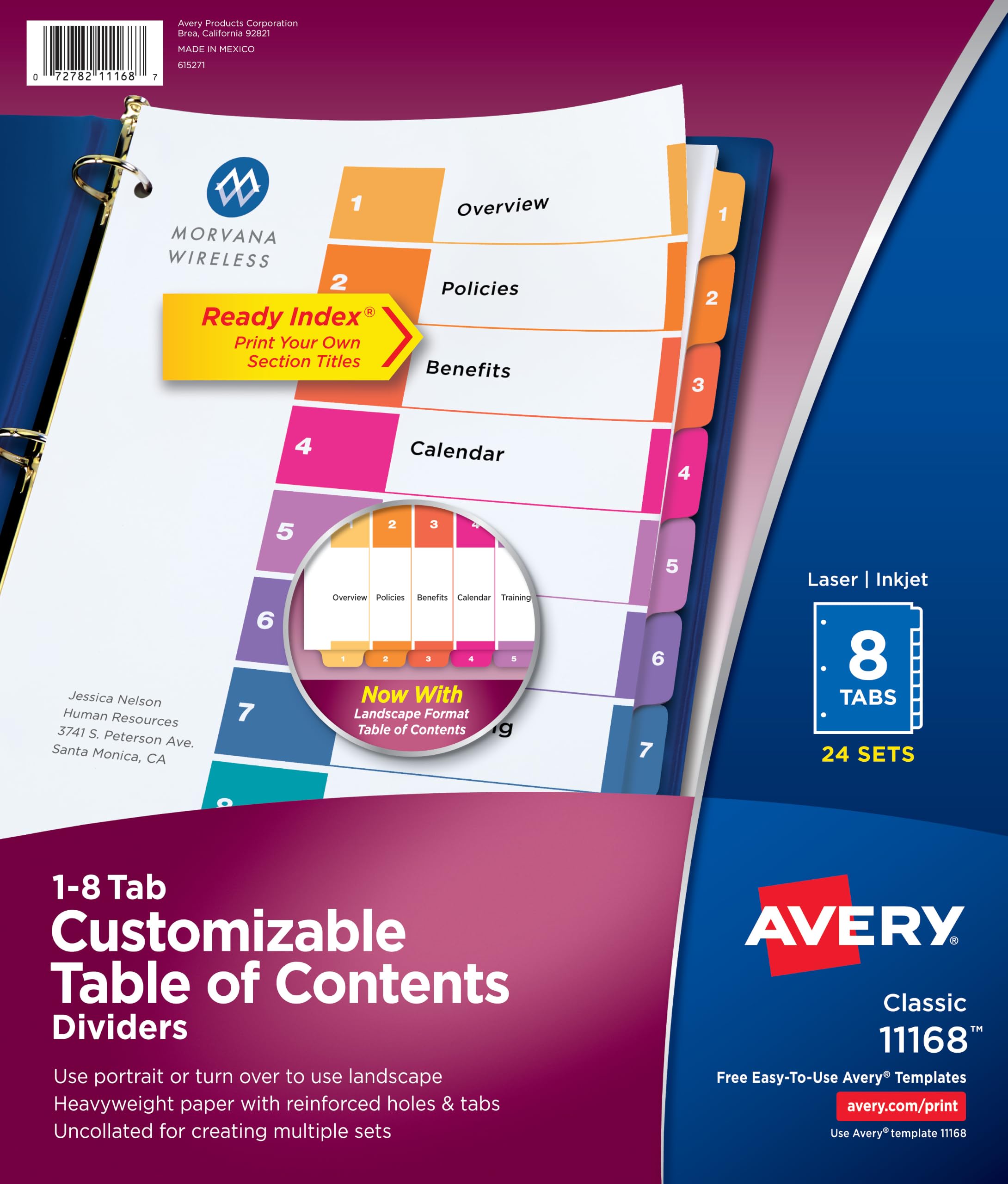 Avery 8 Tab Dividers for 3 Ring Binders, Customizable Table of Contents, Multicolor Tabs, 24 Sets (11168)
