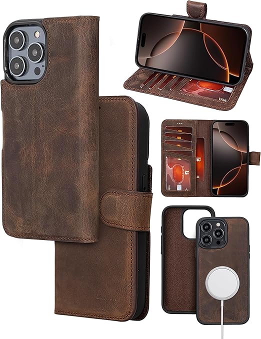Bayelon Wallet Case for iPhone 16 Pro 6.3", Full Grain Leather Wallet Case, Detachable Magnetic Flip Folio Cover, Card Holder, MagSafe Compatible, RFID Blocking Case (Coffee Brown)