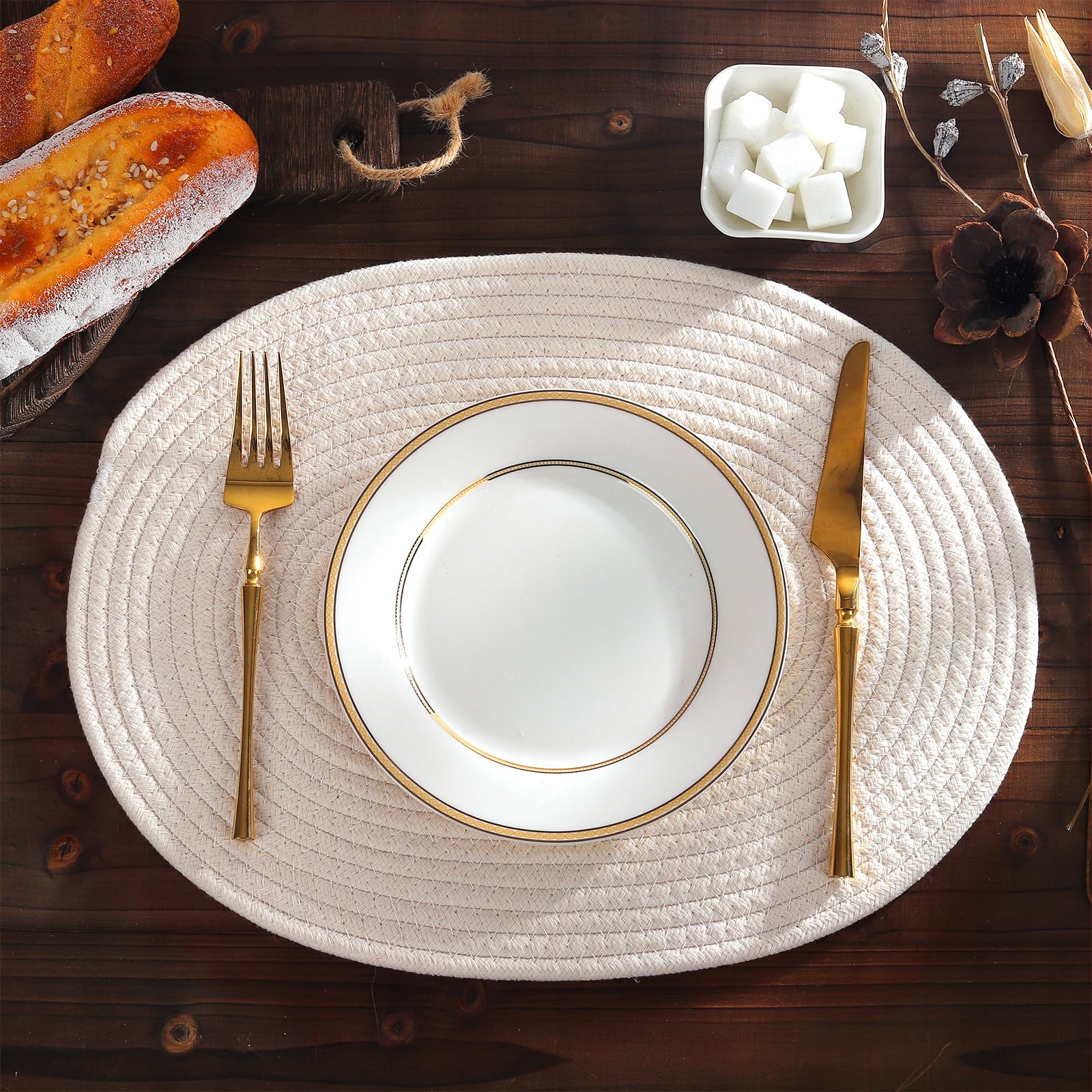 fanquare Oval Woven Placemats Set of 6 Beige Cotton Rope Braided Placemats Heat Resistant Washable Non-Slip Table Mats for Kitchen Dining Table Home Decoration 30 * 40cm - Image 3