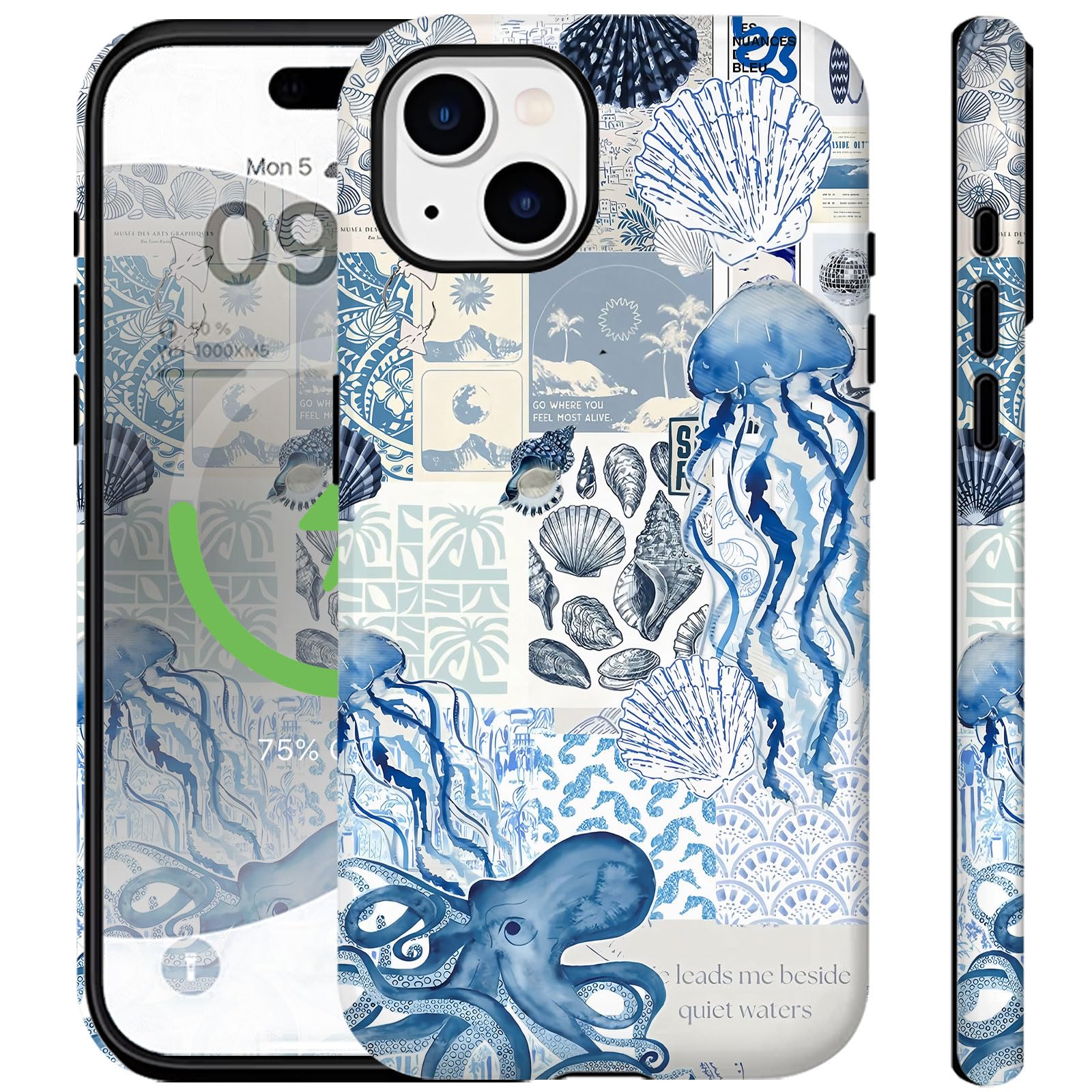 Compatible for iPhone 15 Case with Magsafe Beach Ocean Summer Blue Collage Cute Aethetic Seashells Vintage Rugge 2-in-1 Layer Shockproof Anti-Scratch