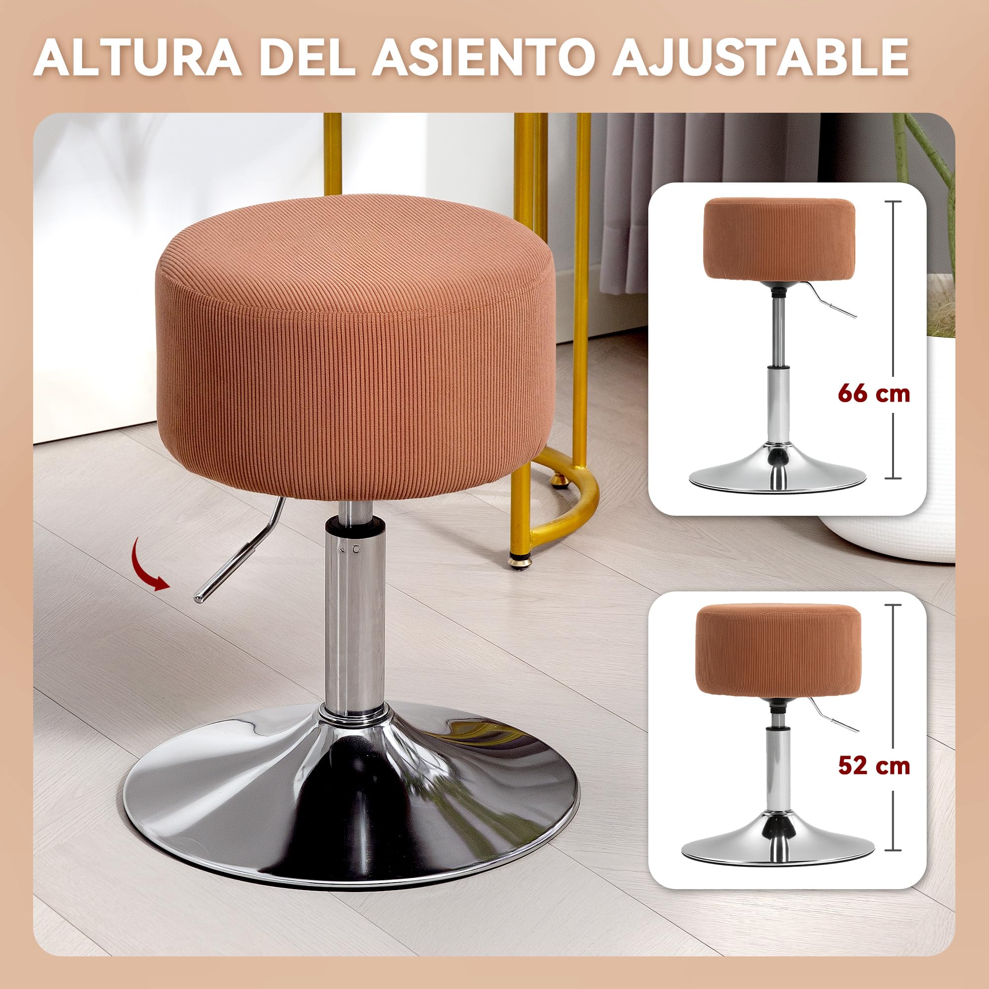 HOMCOM Taburete de Bar Taburete Giratorio Regulable en Altura 52-66 cm Tapizado en Pana Giratorio en 360° Silla Alta para Cocina Comedor Tocador Mostrador Marrón