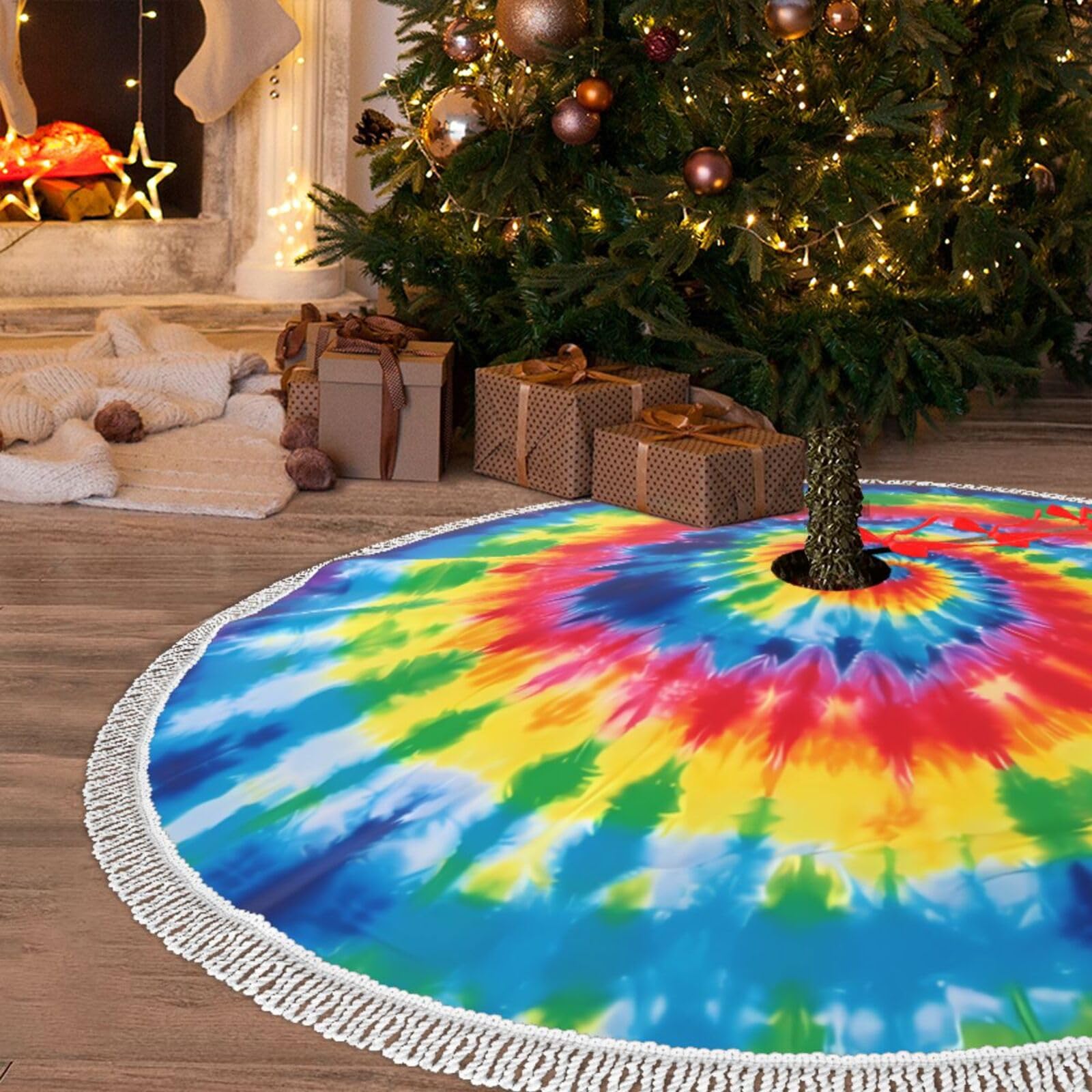 Jupe de sapin de Noël tie-dye arc-en-ciel 122cm tapis étanche