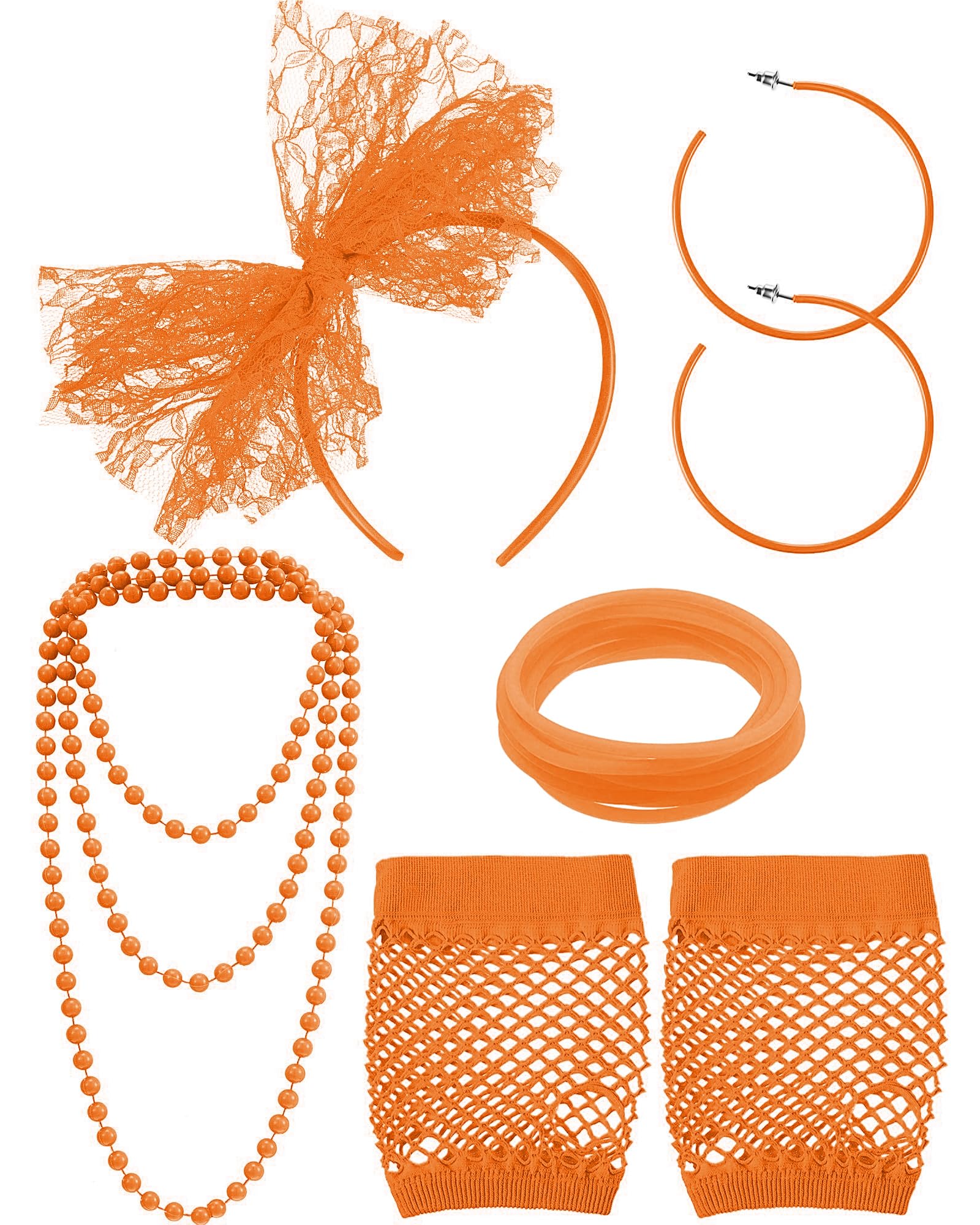 Blulu 80s Fancy Dress Costume Accessories Lace Headband Earrings Fishnet Gloves Necklace Bracelet for 80s Retro Party (Orange) โ image 1