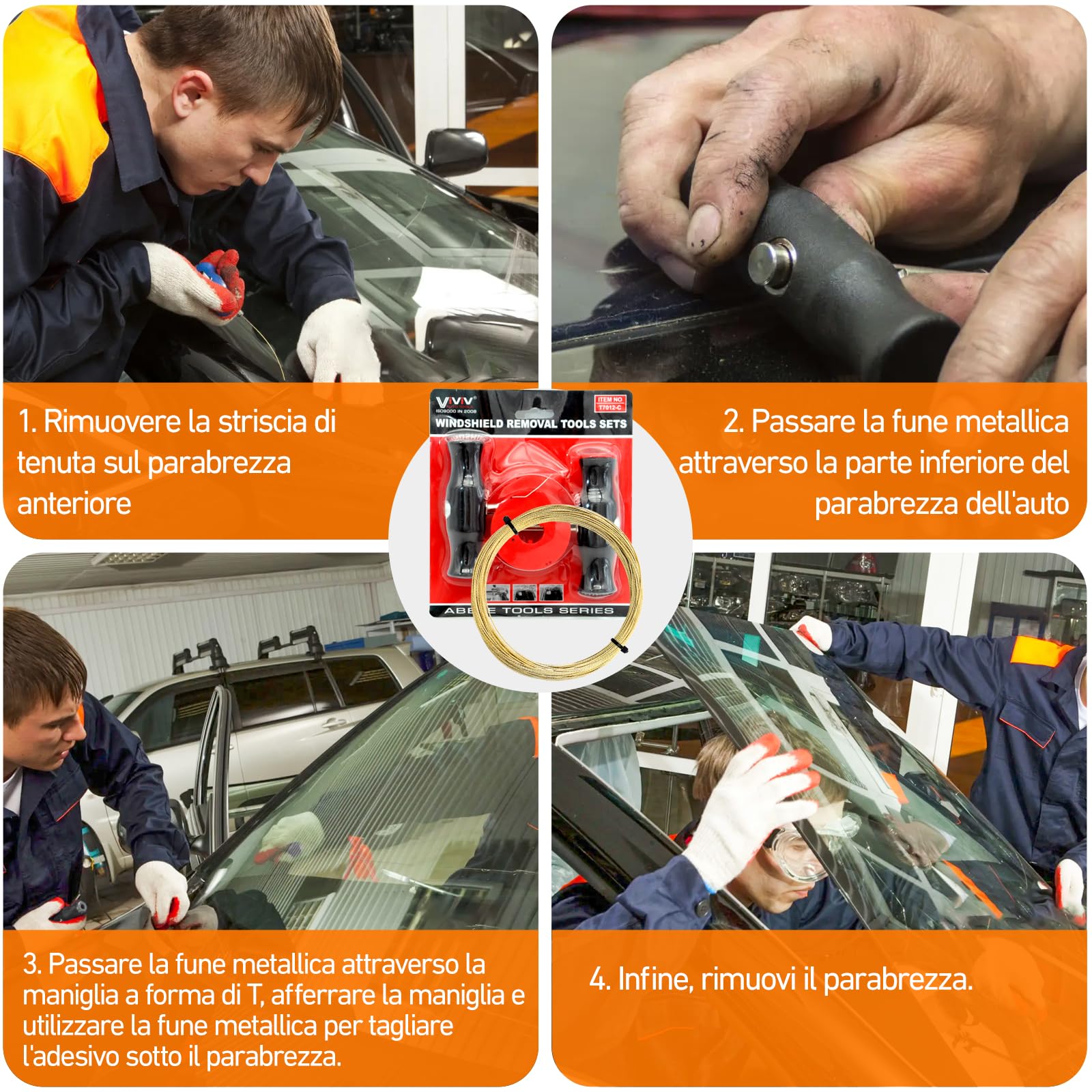 Set di attrezzi di rimozione parabrezza con manico e filo di taglio, strumento universale parabrezza, per riparazioni professionali filo di taglio parabrezza set