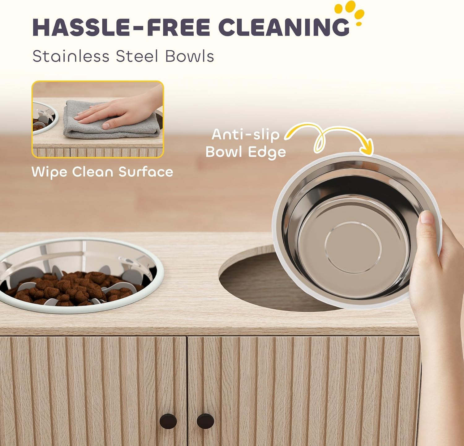 PawHut Elevated Dog Bowls with Storage Cabinet, Raised Dog Bowl Stand, Pet Feeding Station with Slow Feeder & Non-Slip, for Large Pets, Oak