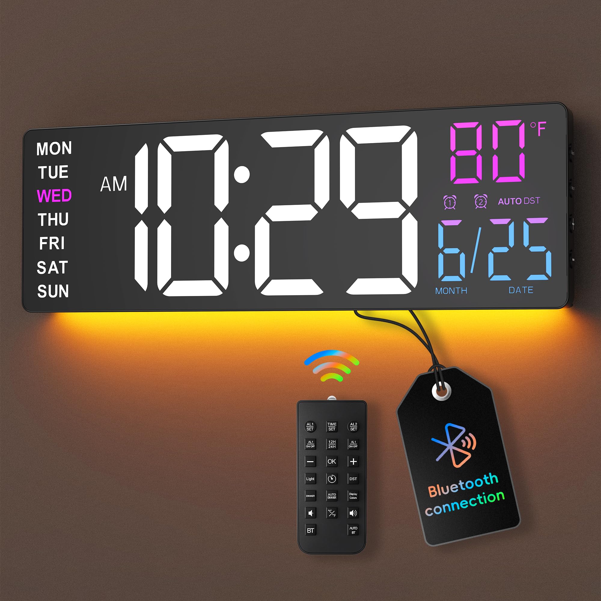 EASYERA Grande horloge murale numérique de 41,9 cm avec écran anti-reflets, lumières RVB avec télécommande 10 scènes, luminosité réglable, double alarme, DST automatique, synchronisation BT