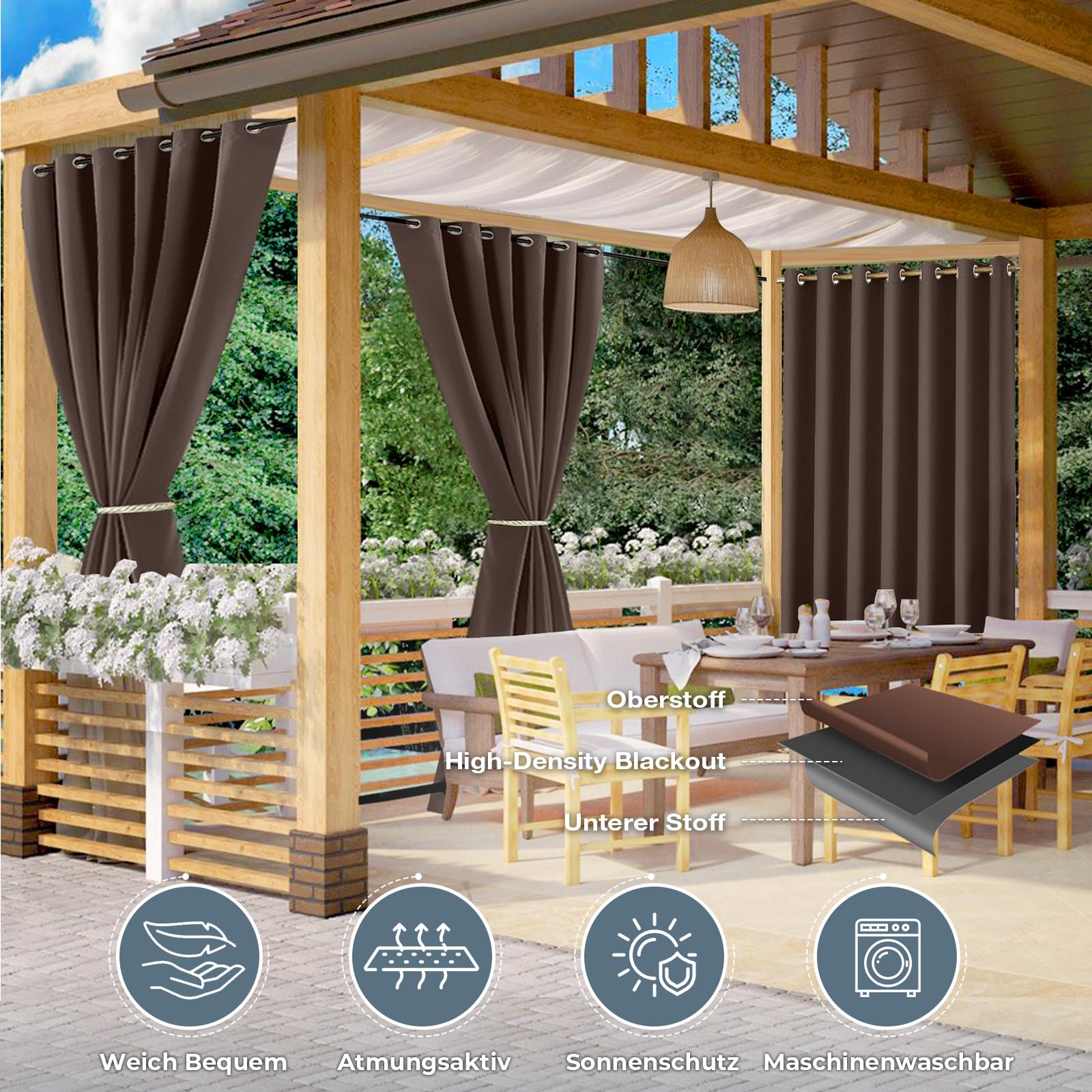Outdoor Vorhang Wetterfest B254xH213CM, Wasserdicht Outdoorvorhänge mit Ösen, Aussen Gardinen Winddicht Sonnenschutz Sichtschutz für Garten Terrasse Balkon Pergola Pavillon (Schokoladenbraun)