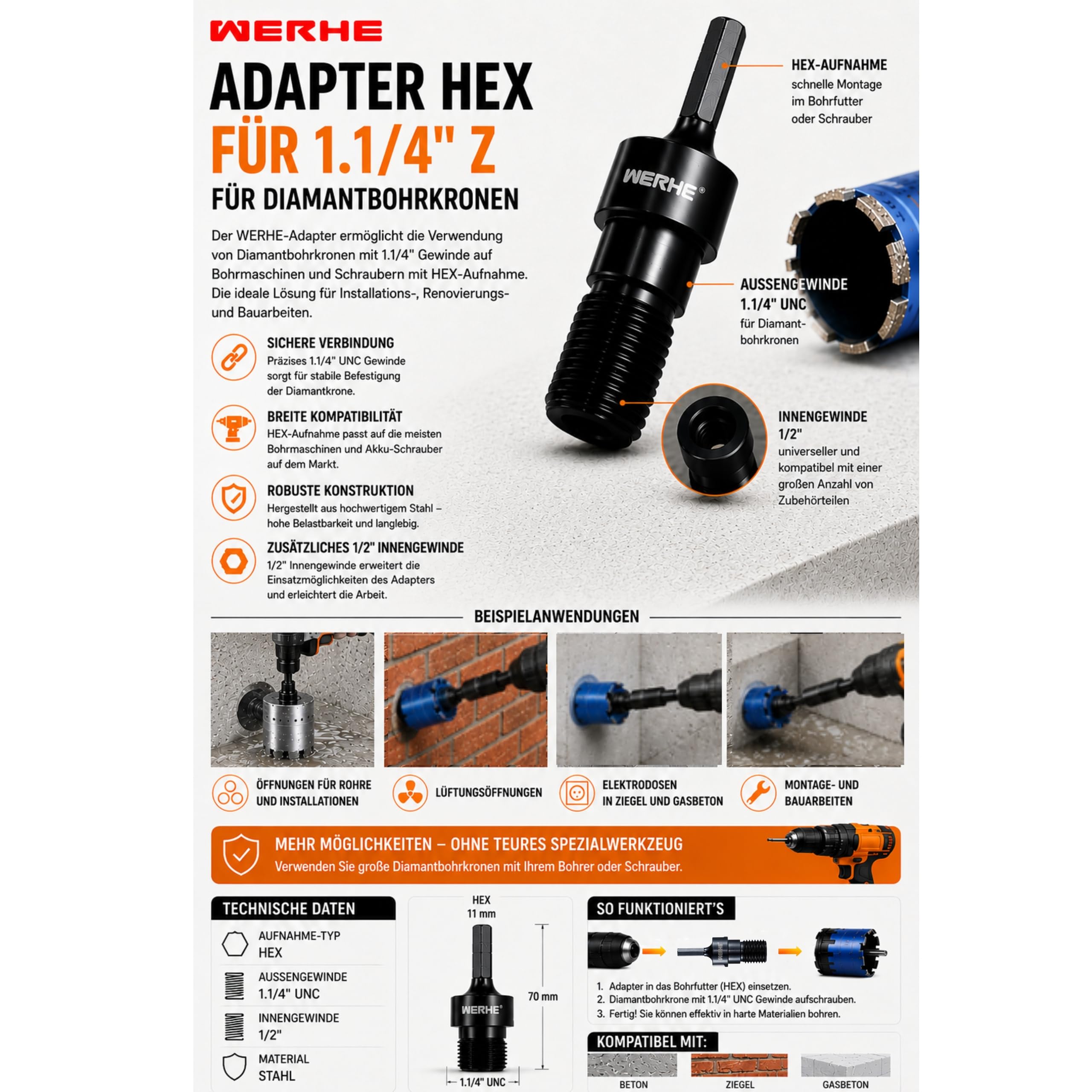 WERHE Adapter für Diamantbohrkrone – 1 1/4" UNC auf HEX – Robuster Stahl für Akkuschrauber und Bohrmaschinen – Mit 1/2" BSPP Innengewinde