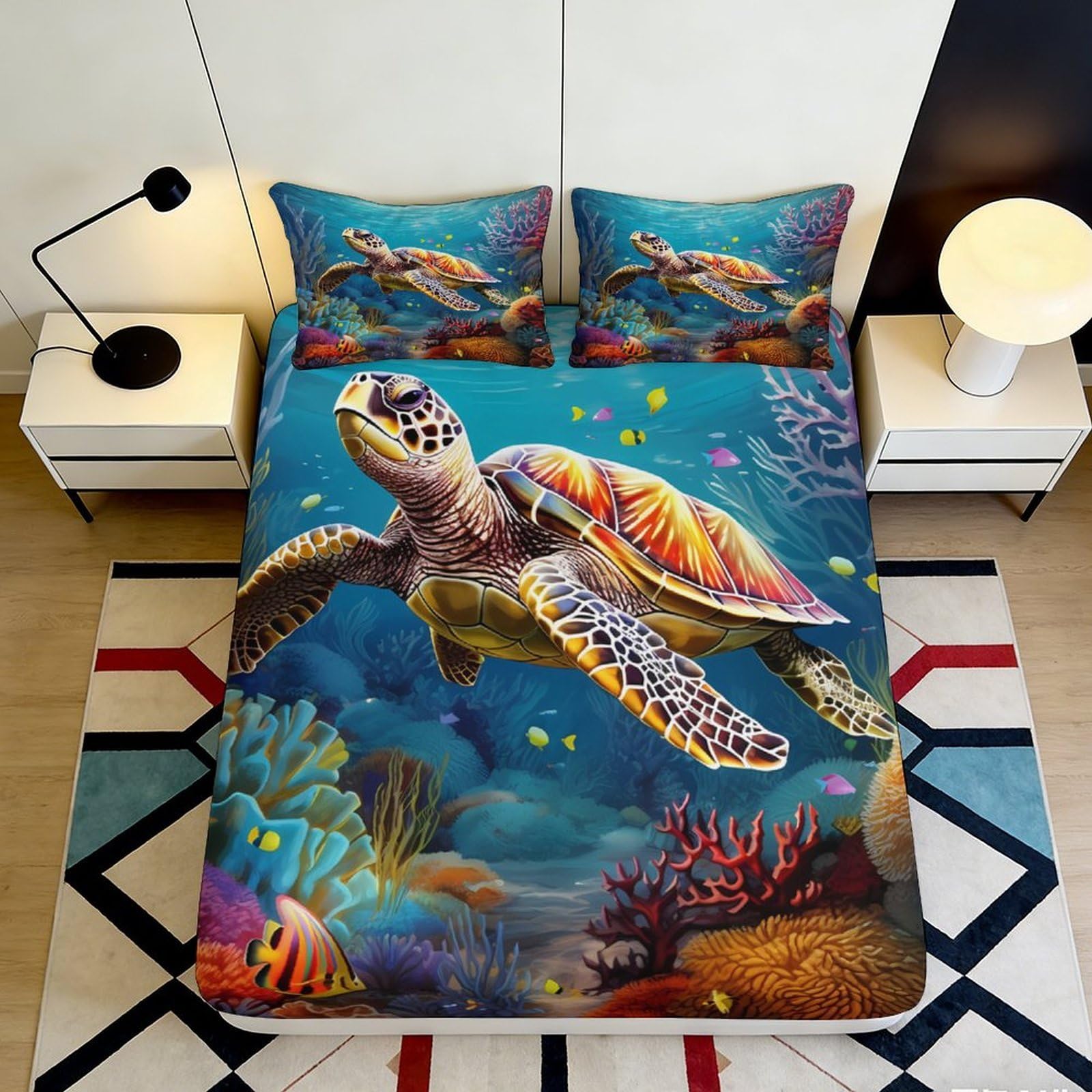 3D Printed Sea Turtle Ocean Fitted Sheet Microfiber Soft Anti-Slip Mattress Cover for Bedroom Youth Guest Decor 120x200x25cm