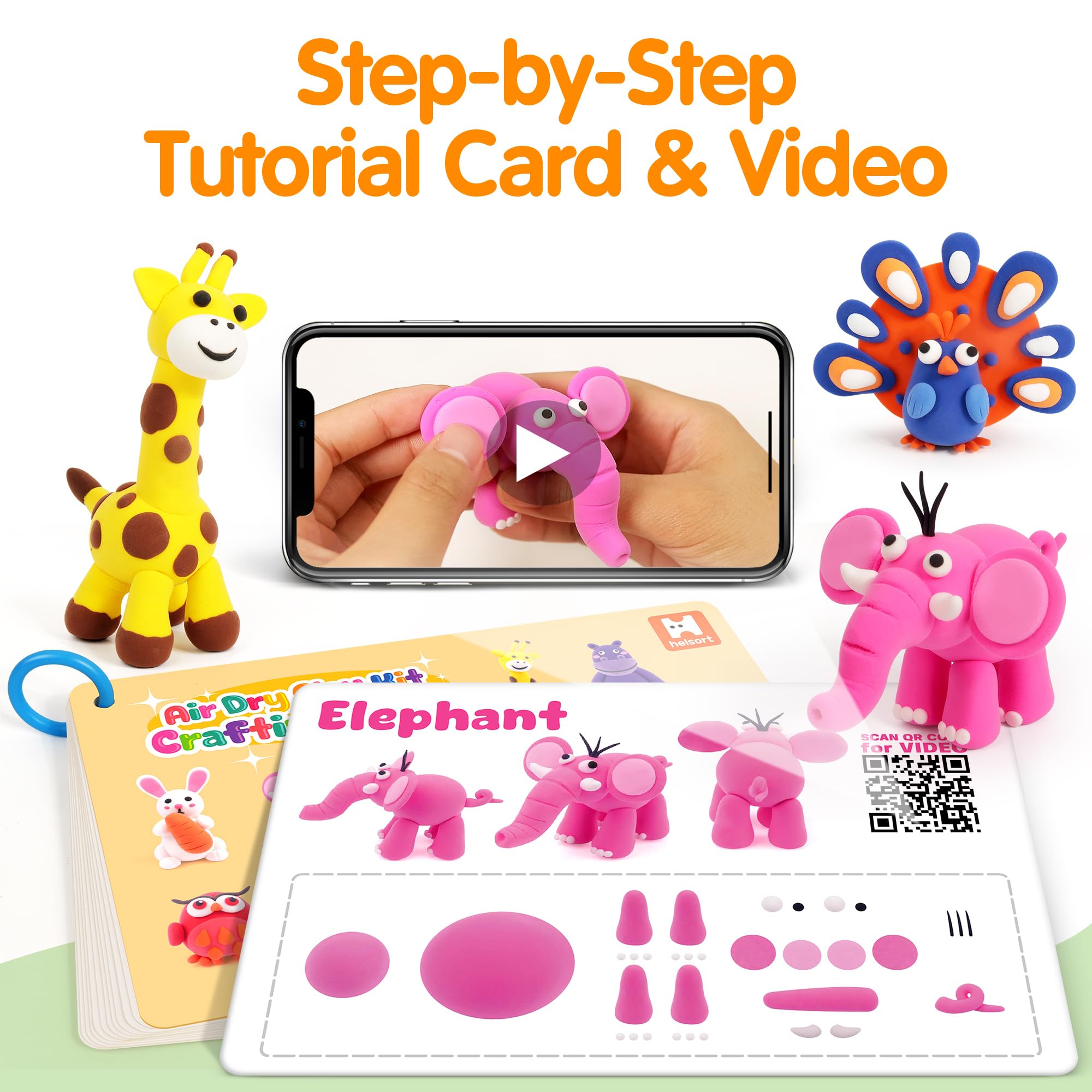 Air Dry Clay Kit for Kids, 12 Animals Modeling Clay with Tutorial Cards & Video, 8 Sculpting Tools, Ultra Light, Safe & Non-Toxic, Arts and Crafts Toys Christmas Gifts for Boys Girls