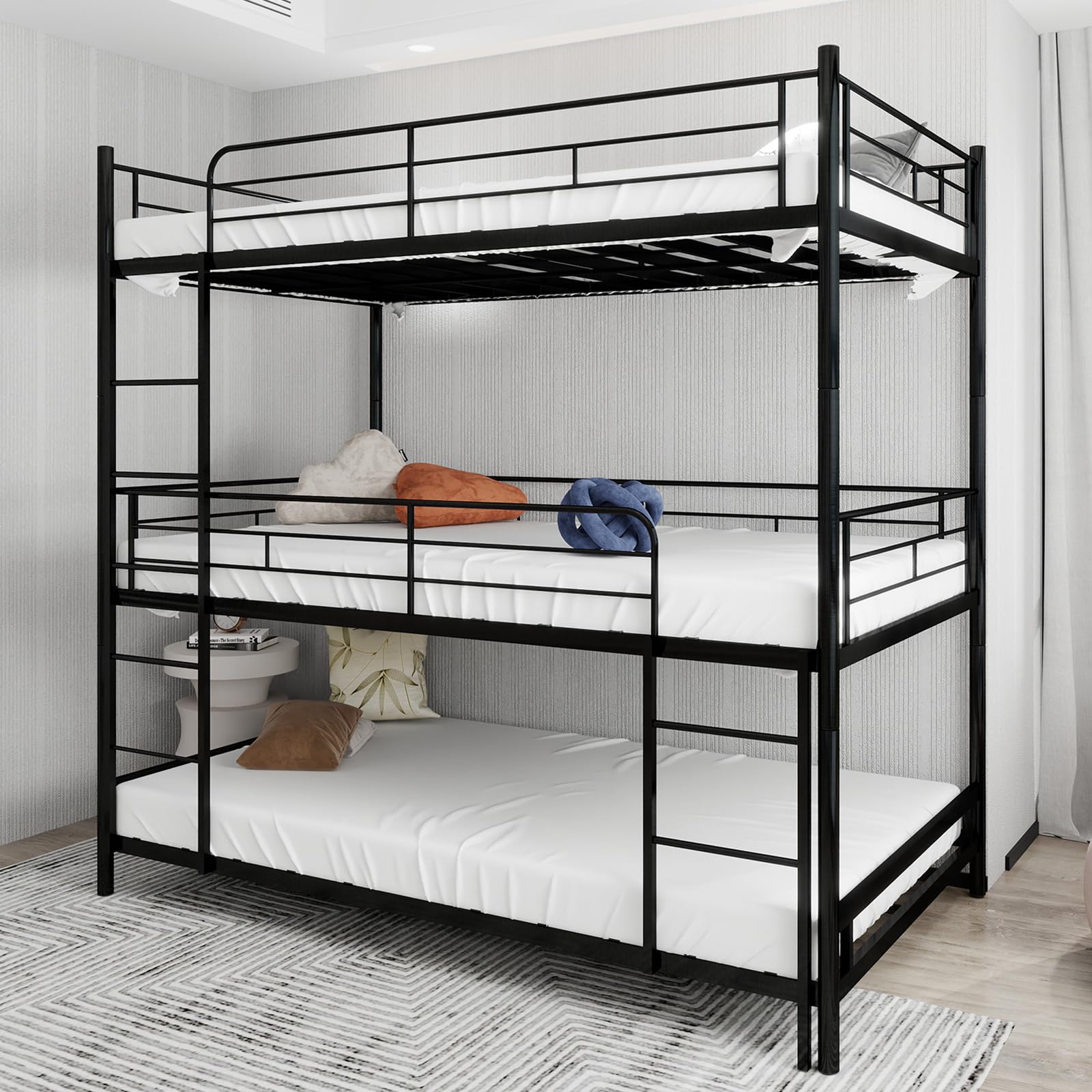 Letto a castello a tre piani, 90 x 190 cm, con scaletta, in metallo nero, per bambini/adolescenti/adulti, camera da letto/dormitorio (senza materasso)
