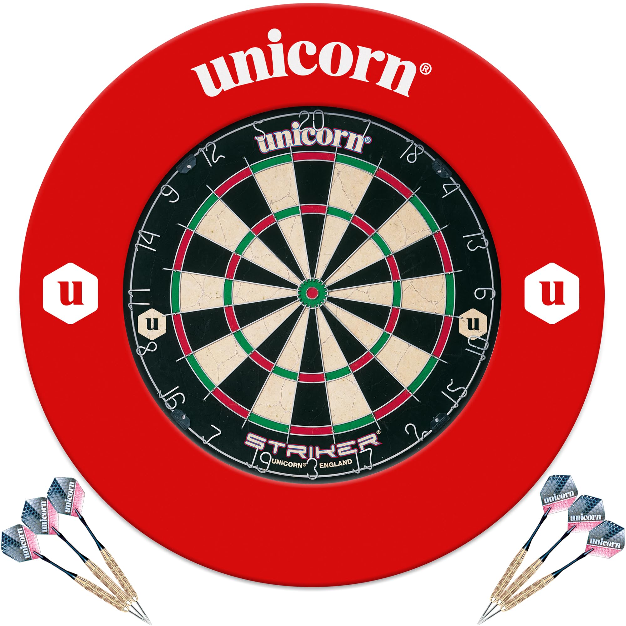 UNICORN Dartboard & Backboard Surround | Striker | Sisal Bristle Board & Lightweight Injection Moulded EVA Plastic Surround | with 2 Sets of Darts