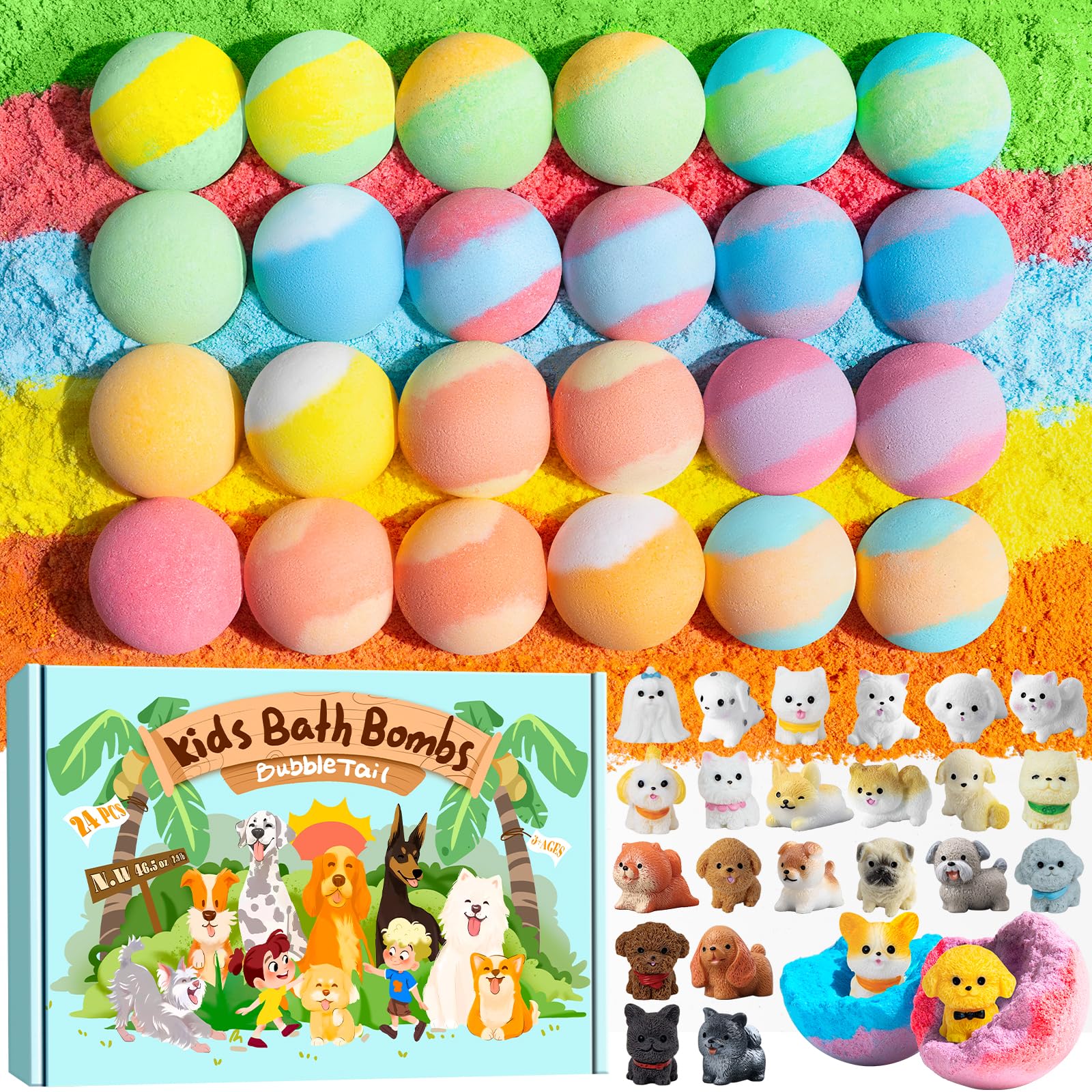 BubbleTail 24 Pack Puppy Bath Bombs for Kids - Each with Surprise Dog Figurine Inside, 12 Scents, Bath Bombs with Toys, Skin-Friendly, Birthday Party Favors & Stocking Stuffers for Boys & Girls