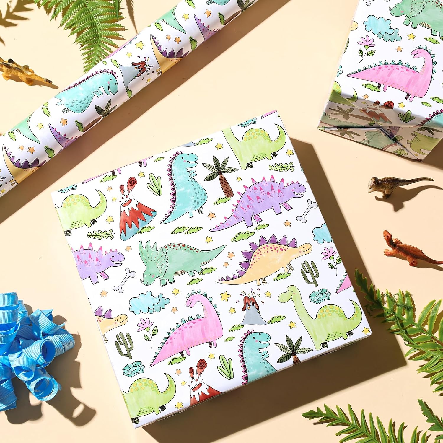 BIOBROWN Dinosaur Wrapping Paper Roll - 17 Inches X 33 Feet - Colorful Hand-drawn Dinosaurs Design Gift Wrap Paper for Boys, Girls, Birthday, Baby Shower, Dino Party