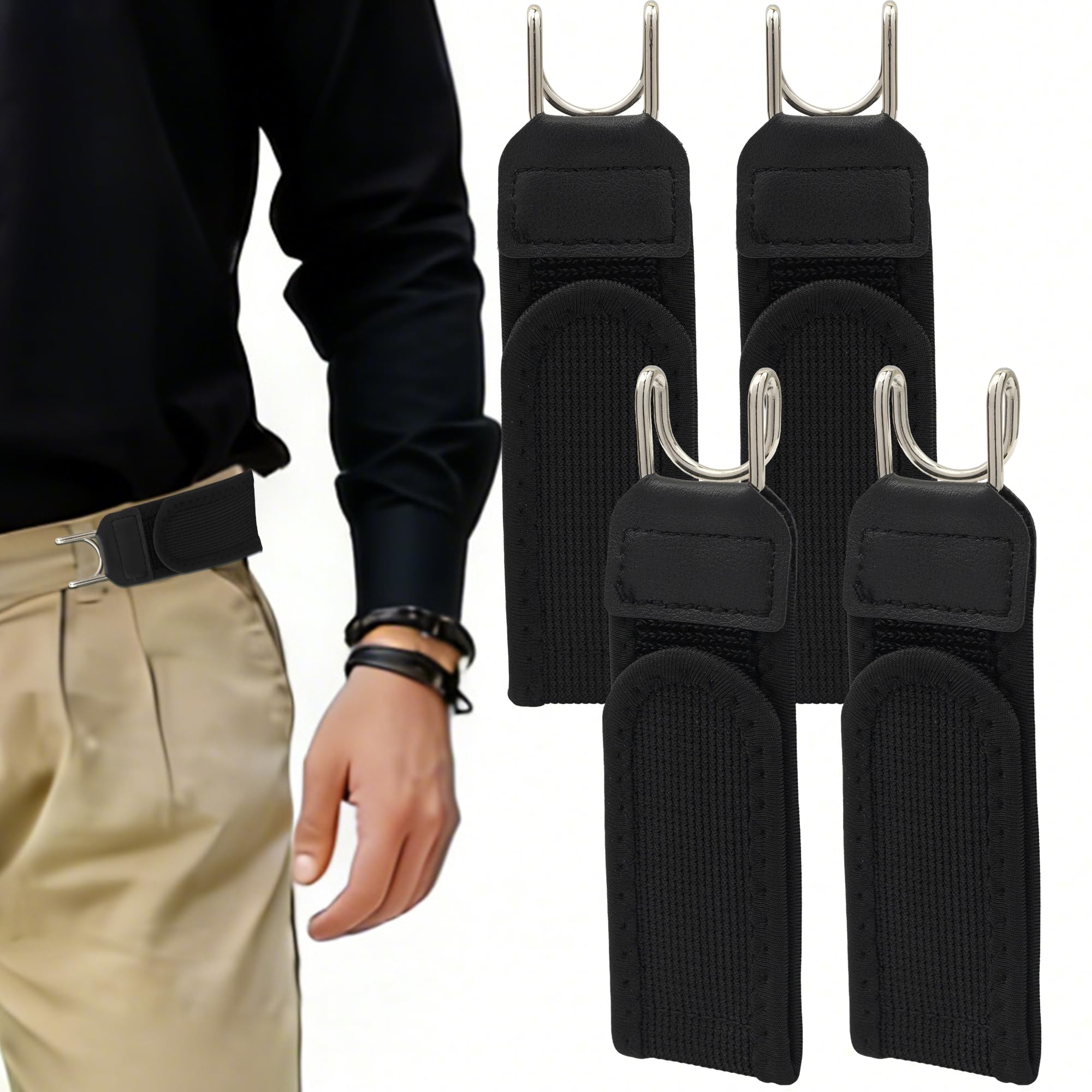Elastischer Gürtel Ohne Schnalle Herren Damen, Unsichtbarer Gürtel Gürtelhaken Stretch Ersatz Taktischer Metallhakengürtel Klettverschluss für Jeans Hosen Kleid Outdoor Beruf (4 Stück - Schwarz)