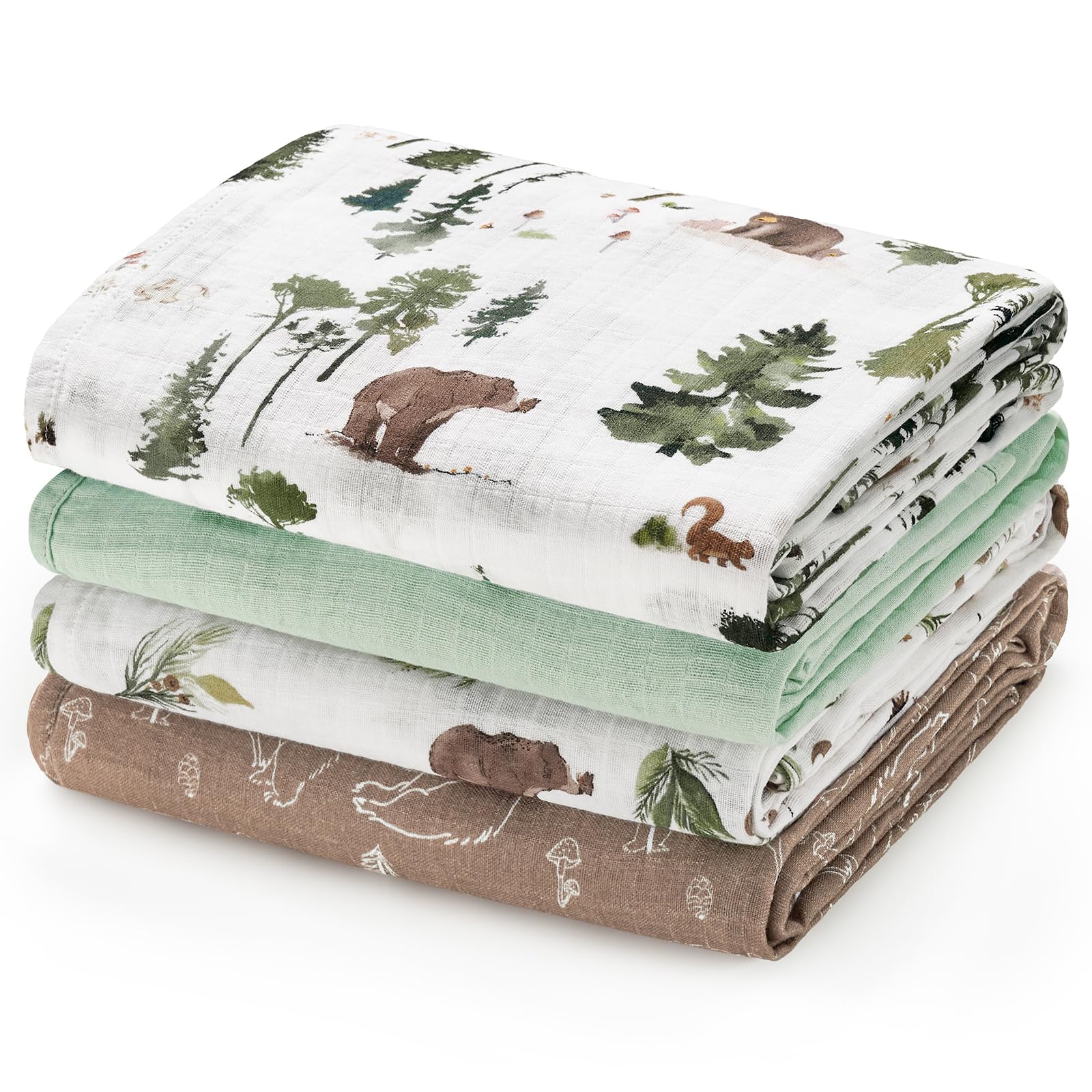 4 Pack Baby Muslin Swaddle Blankets, 100% Cotton and Ultra Soft Breathable Receiving Blanket Wrap for Boys Girls, New Born Essentials, Large 47 x 47 inches, Woodland Animals/Green