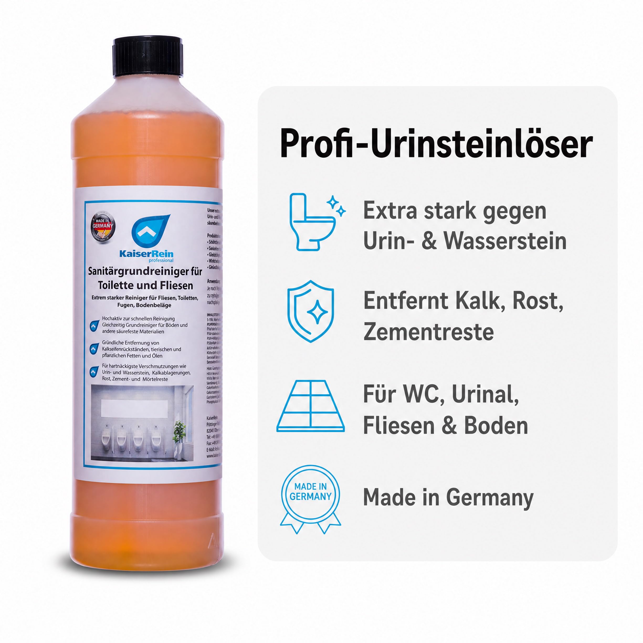 KaiserRein Urinsteinentferner Extra Stark, Sanitärgrundreiniger für Toilette und Fliesen, Toilettenreiniger extrem stark Profi-Sanitärreiniger gegen Kalk & Rost, 3 x 1 L, Made in Germany