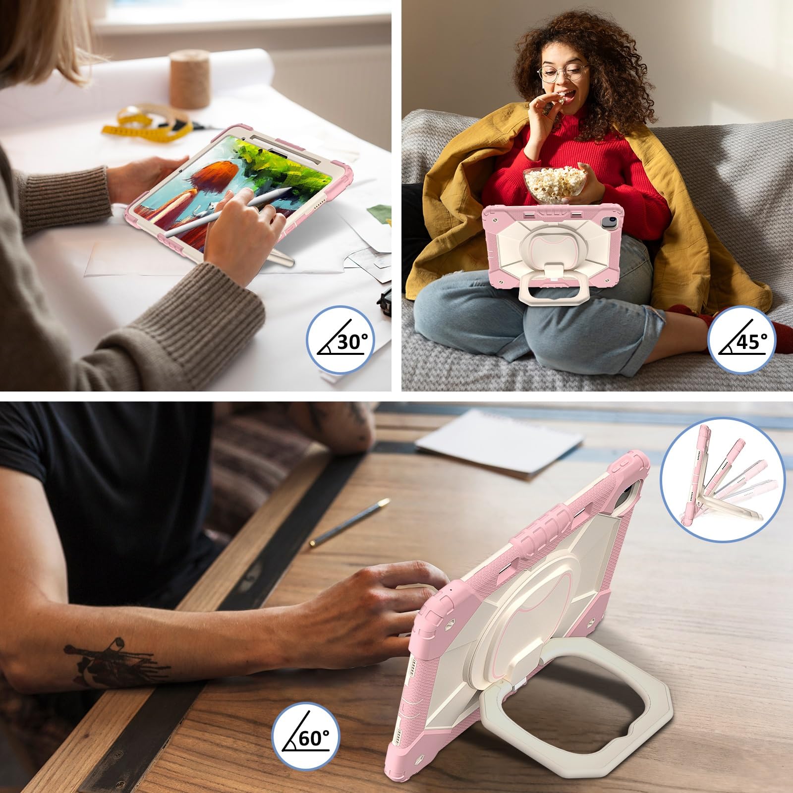 Stoßfeste Hülle for iPad Air 13 Zoll M4 M3 M2 (2026 2025 2024), robuste Schutzhülle mit drehbarem Ständer, klappbarem Griff, Schultergurt, Stifthalter(Rose Gold)