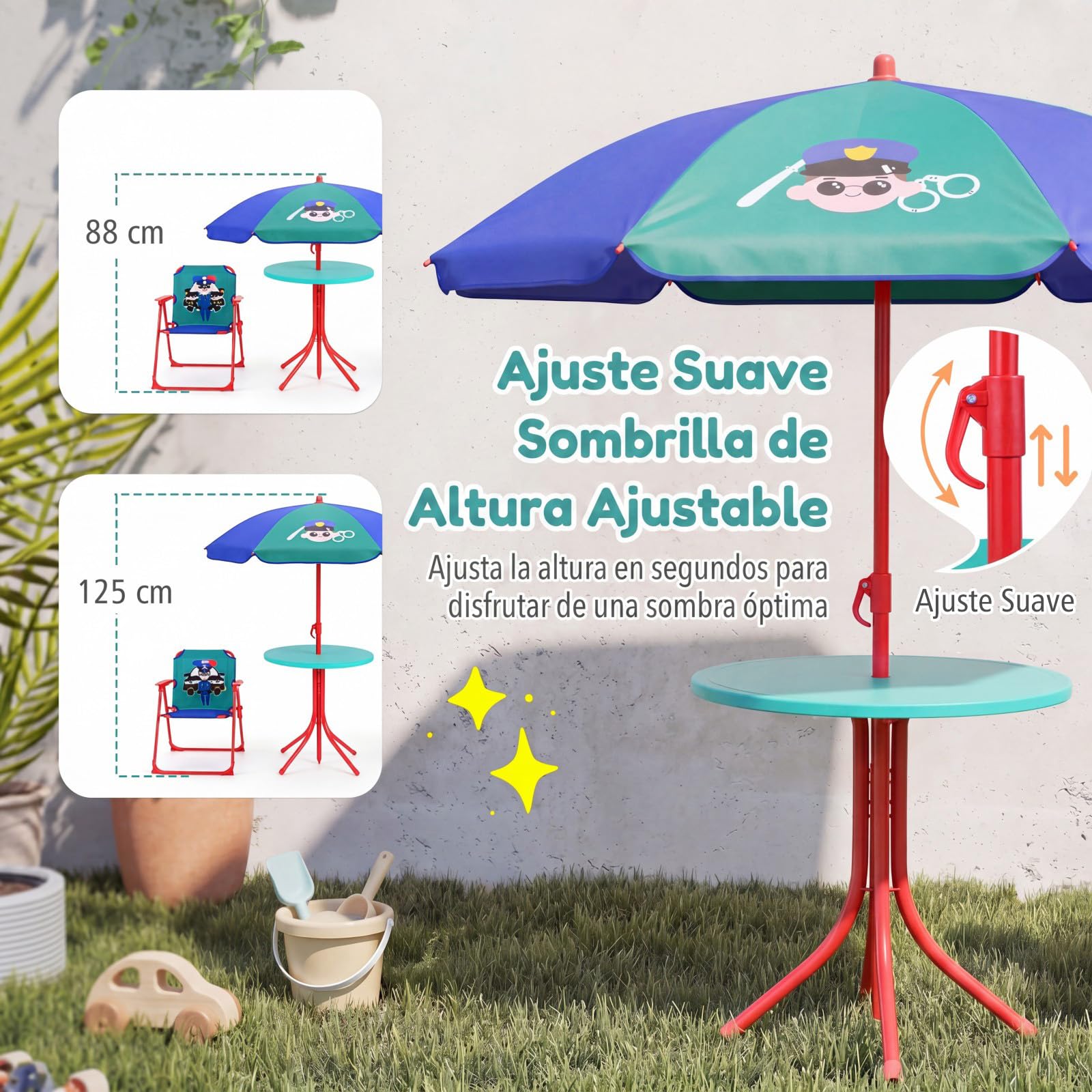 GOPLUS Juego de Mesa Picnic y Silla Playa para Niños, Mesa de Actividad Plegable Infantil con 2 Sillas Plegables y Sombrilla de Altura Ajustable, Mueble de Patio Portátil (Azul)