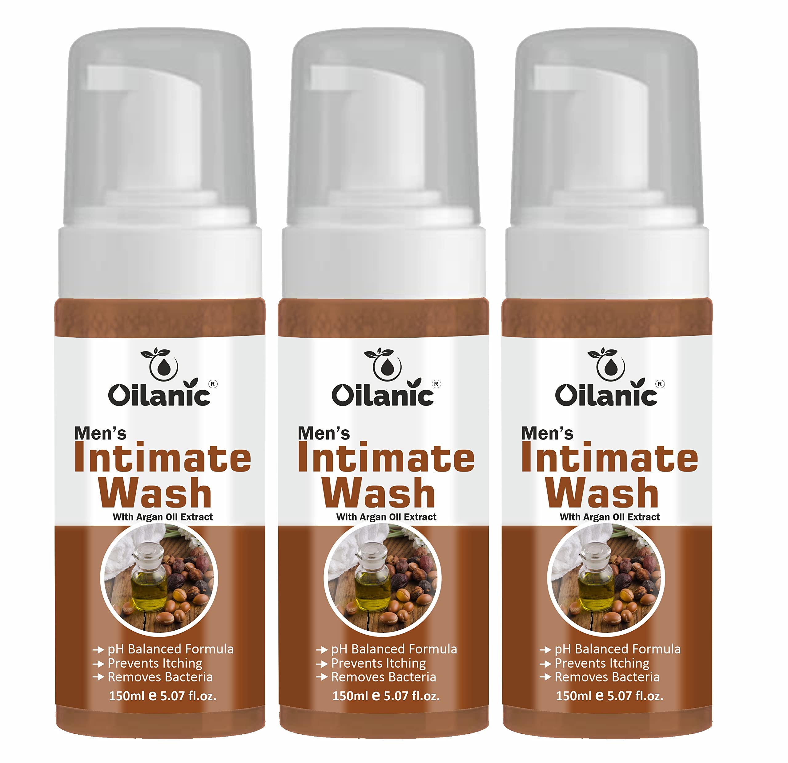 Oilanic Natural Men's Intimate Wash with Argan Extract (Pack of 3, Each 150 ml)|pH-Balanced Hygiene Wash for Daily Freshness and Odor Control Gentle Cleanser for Sensitive Skin Chemical free|