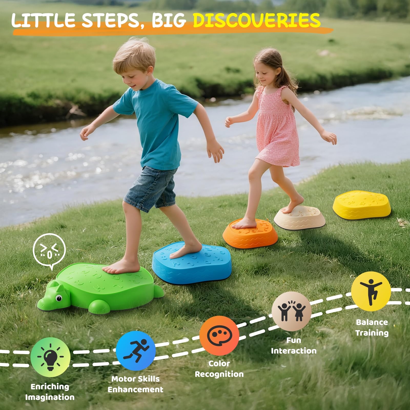 Balanciersteine für Kinder 6er Set – Hochwertige, Rutschfeste & Strapazierfähige Steine, Fördern Gleichgewicht, Koordination & Motorik, für Indoor und Outdoor, CE-zertifiziert | Kids Stepping Stones