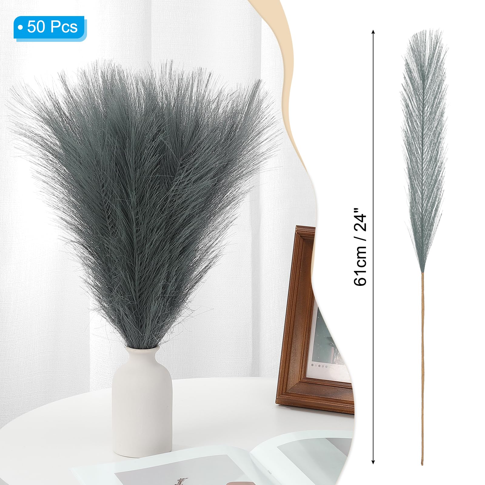 PATIKIL 24in Pampas Decor, 50pcs Artificial Pampas Bulk Fluffy Faux Grass Small Dried for Home Boho Decor Vase Wedding Wall Ground Gray - Image 2