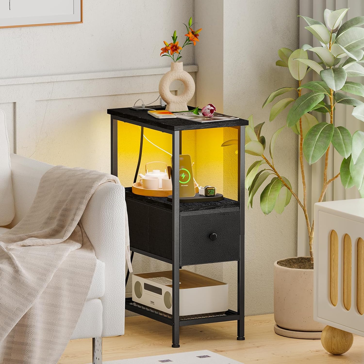 Fixwal Narrow Side Table with Charging Station and LED Light, Skinny Nightstand with 1 Fabric Drawer, Slim End Table for Bedroom, Dorm, Small Space, Black