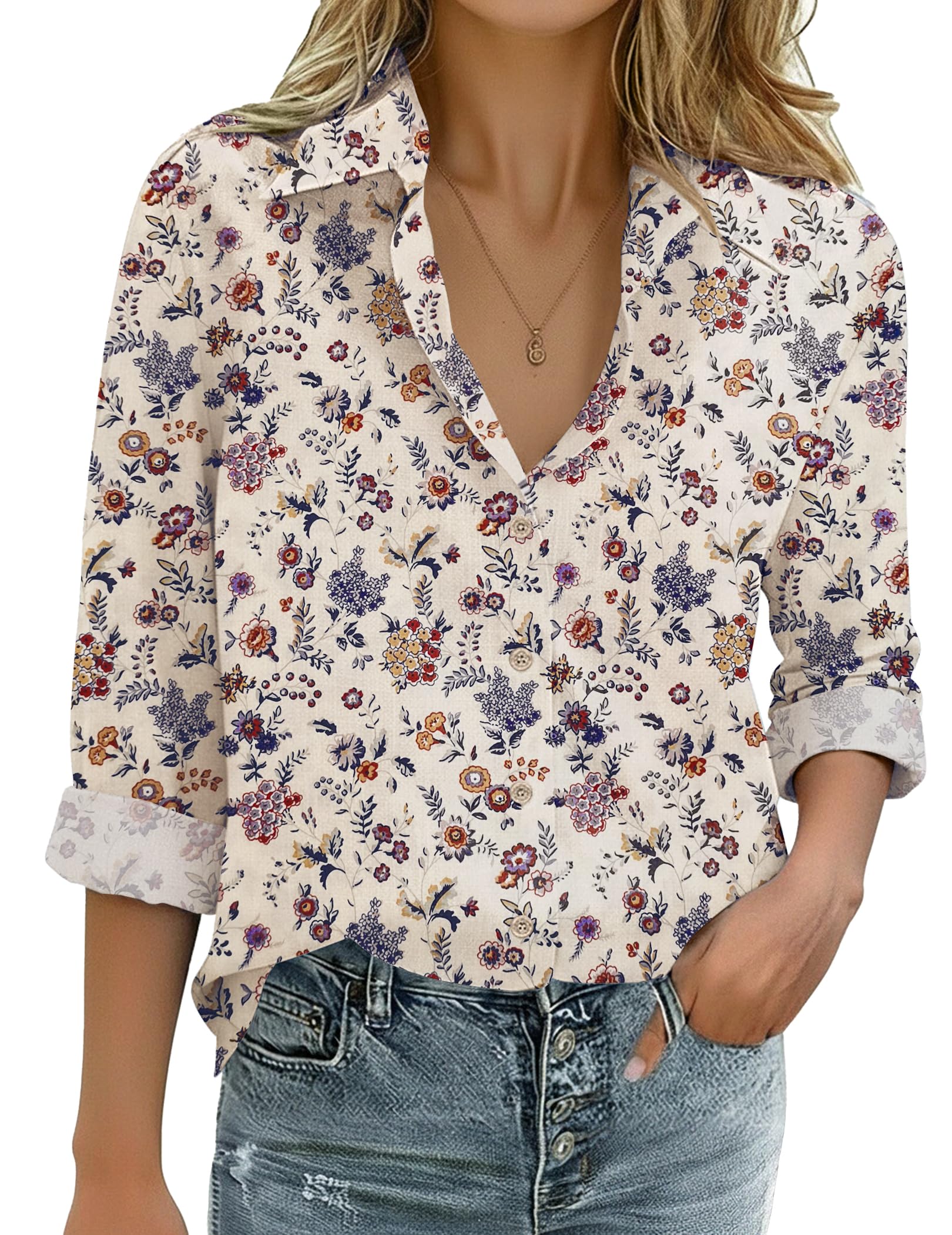 Zeagoo Womens Cotton Linen Button Down Shirts Loose Fit Long Sleeve Collared Blouse Casual V Neck Tops Outfits S-3XL — view 6