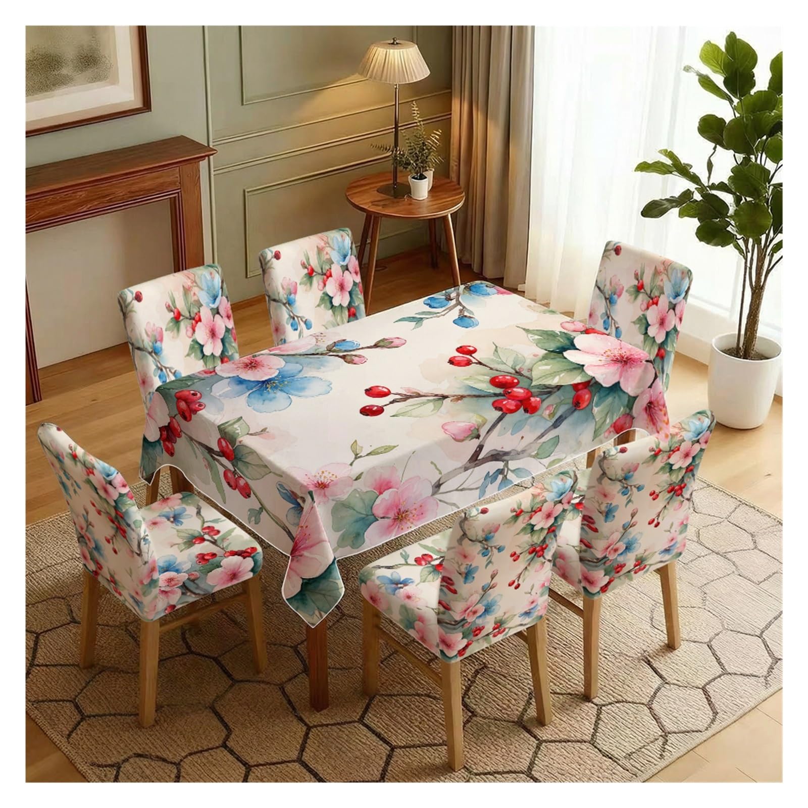 BOSUYBN Watercolor Pink Floral Red Berry Print Dining Tablecloth & Chair Covers Set, 5/7 Piece Romantic Vintage Cottage Dining Decor Table Setting(7pcs Set: Tablecloth+Chair Covers)