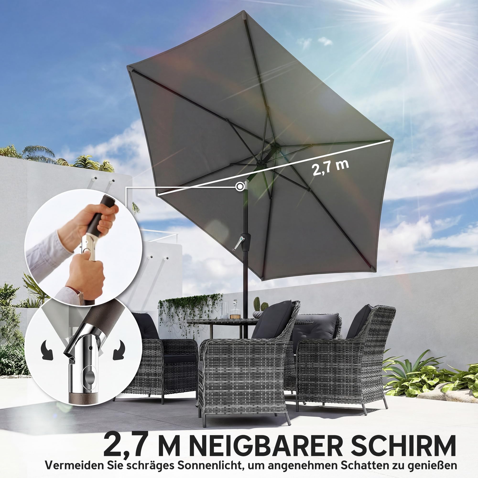 Outsunny Parasol Ø270 cm Regulowany Balkonowy z Korbką UV 50+ Ogrodowy Stabilny Markiz Przeciwsłoneczny na Taras Balkon Ciemnoszary