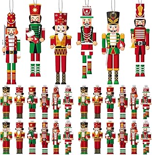 96 Pcs Christmas Nutcracker Ornament Set Small Wooden Nutcracker Soldier Hanging Decoration King Soldier Nutcracker Christmas Decor Holiday Figures Nutcracker Tree Ornament with Ropes for Xmas Party