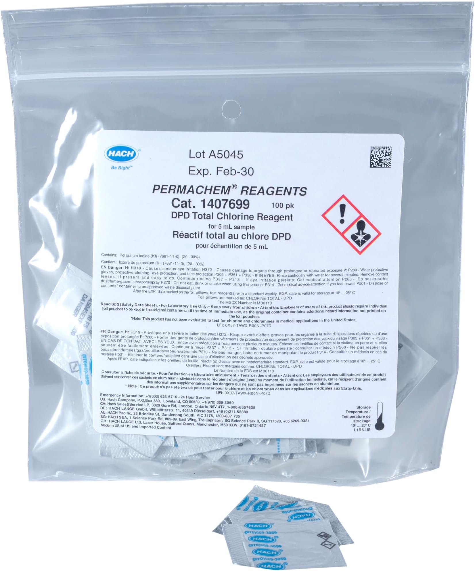 DPD Total Chlorine Reagent Powder Pillows, 5 mL, Pack of 100, Range from 3.5 mg/L Cl₂, USEPA Accepted Method 8167, Drinking Water & Wastewater Analysis, for Use with Colorimeter, 1407699