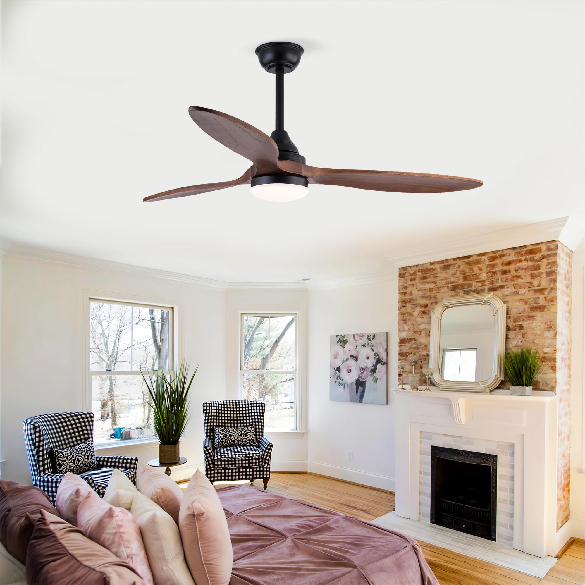 vutizal Ventilador de techo de 132 cm con iluminación, 3 aspas de madera maciza, LED regulable, 3 temperaturas de color, mando a distancia, Windcalm, motor DC silencioso, negro oscuro nogal, lámpara
