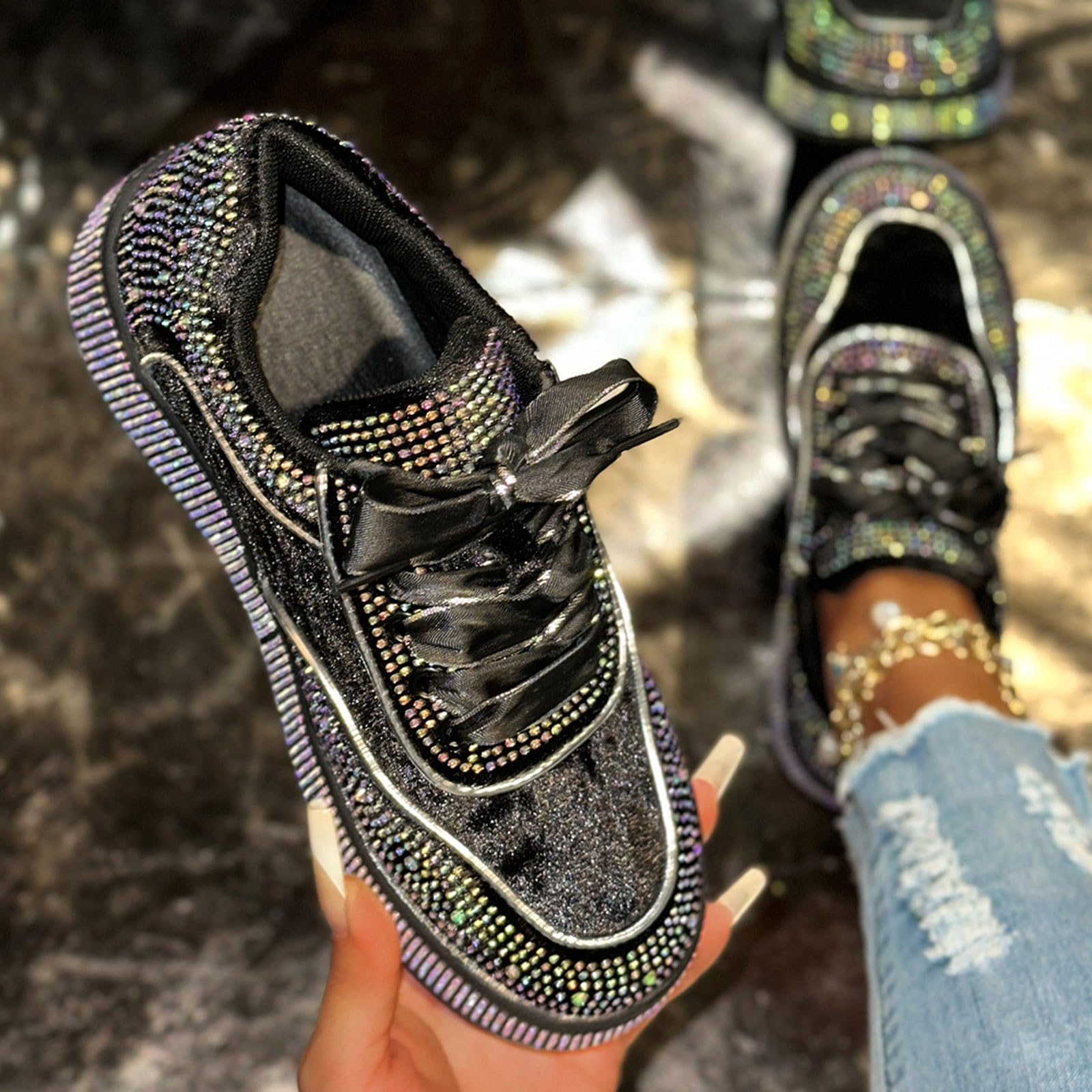 Zapatos brillantes brillantes para mujer, con plataforma, con puntera redonda, para fiestas, bodas, deportes, transpirables, cómodas, para correr, para el tiempo libre, para caminar