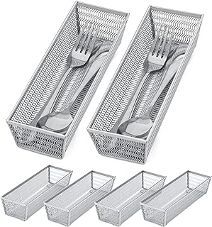 Neudeco Silverware Organizer,Mesh Drawer Organizer for Kitchen，Metal Utensil Organizer for Flatware, Knives, Spoons,Cosmetic (Silver 9 * 3 * 2 inch Pack6)