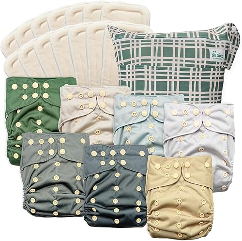 Paquete de 7 pañales de tela reutilizables con interior AWJ  Incluye 14 insertos absorbentes y 1 bolsa húmeda  Ajustables, impermeables y lavables