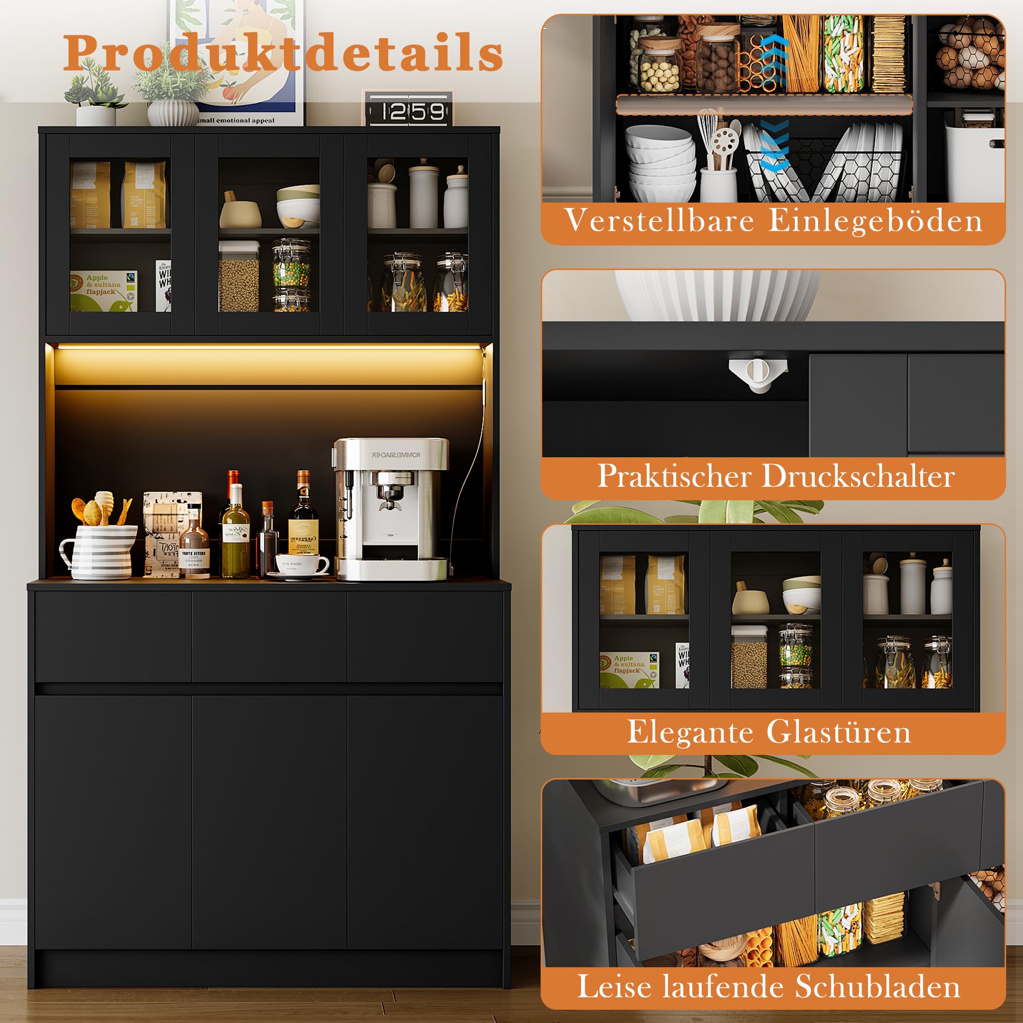 Küchenschrank Buffetschrank mit L-E-D Sideboard für Küche mit Ladestation,Hochschrank mit Arbeitsplatte und 3 Schubladen Küchenbuffet mit Verstellbares Regal für Esszimmer